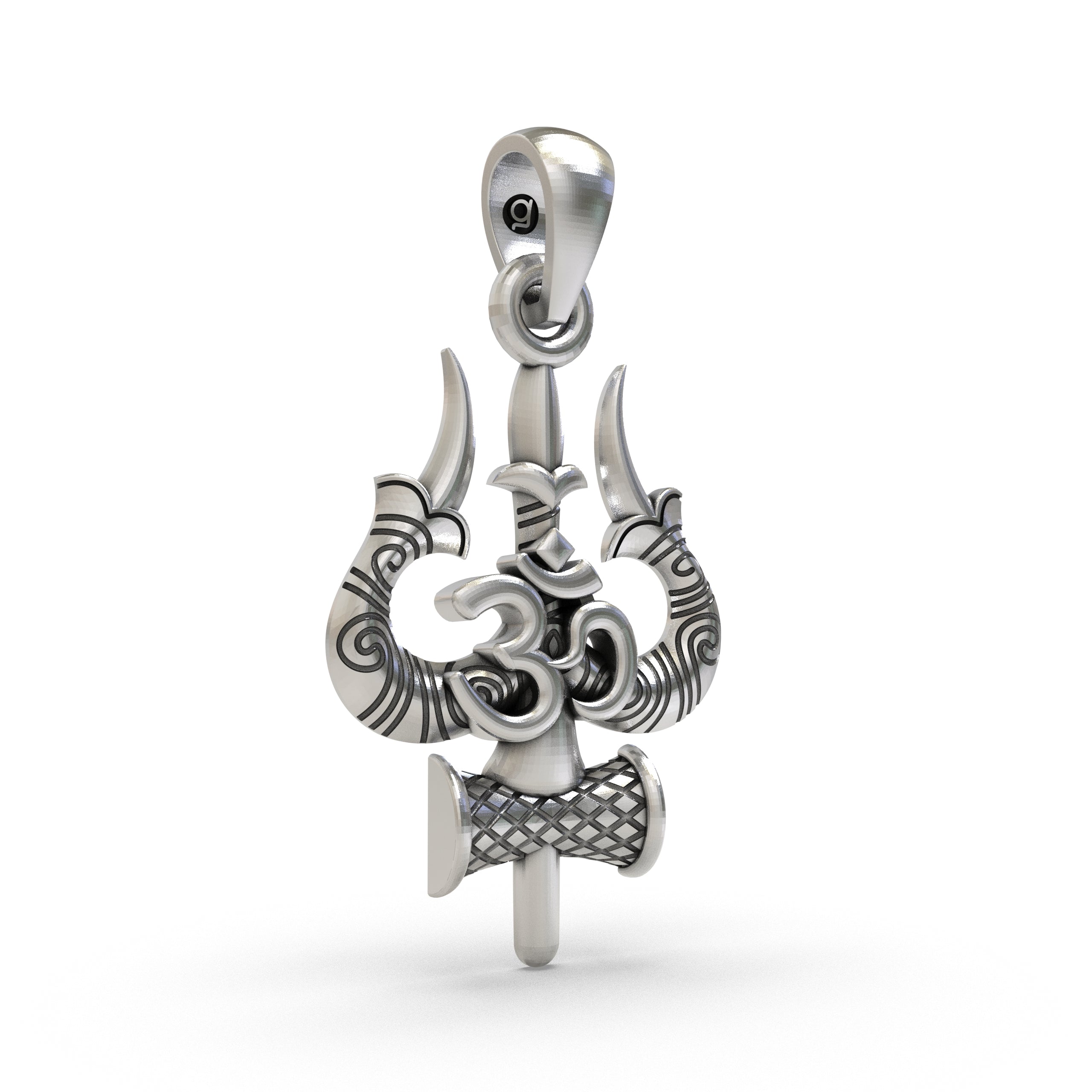 925 Sterling Silver Trishul Om Pendant — Shiva Damru Symbol, Handmade Temple Jewellery