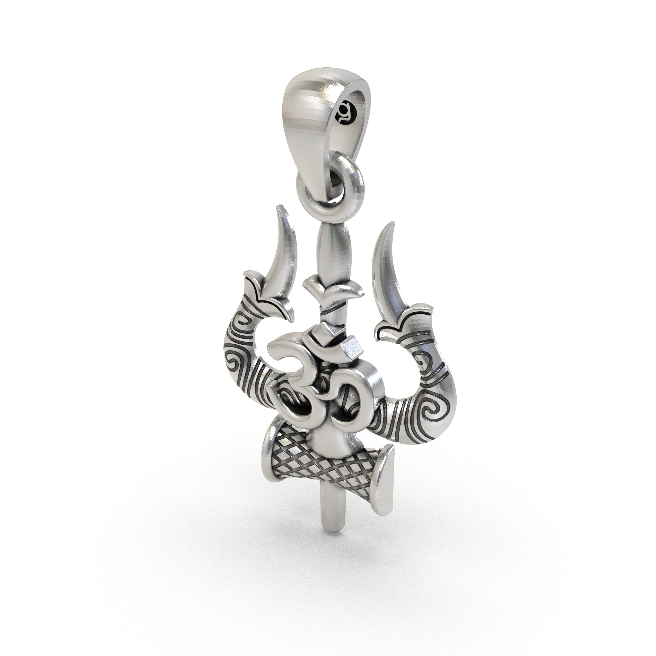 925 Sterling Silver Trishul Om Pendant — Shiva Damru Symbol, Handmade Temple Jewellery