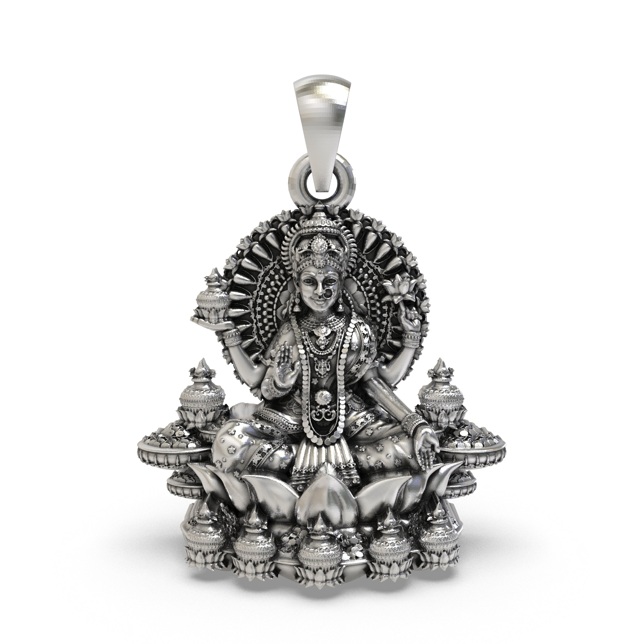 925 Sterling Silver Lakshmi Pendant — Goddess Mahalakshmi on Lotus with Kalash, Handmade Temple Jewellery