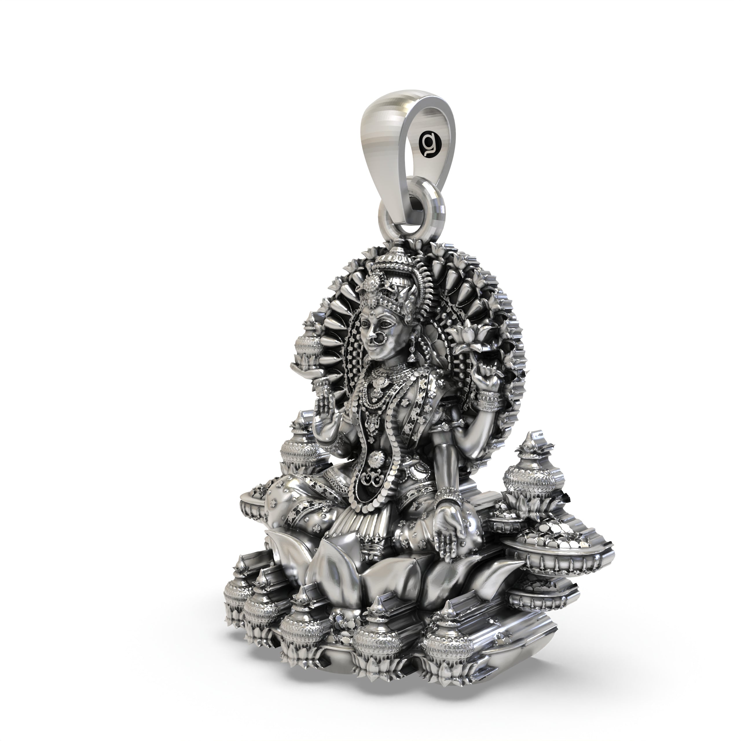 925 Sterling Silver Lakshmi Pendant — Goddess Mahalakshmi on Lotus with Kalash, Handmade Temple Jewellery