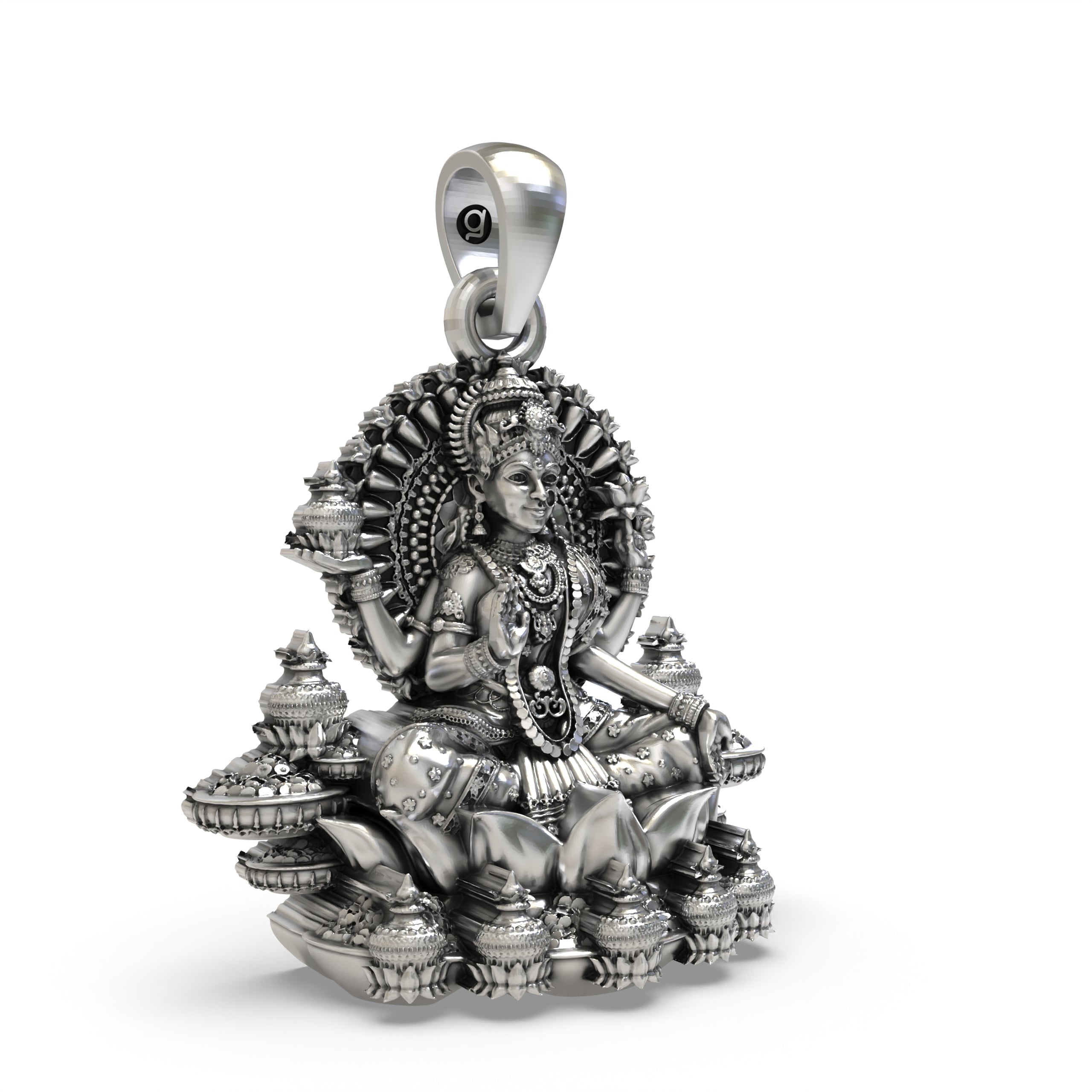 925 Sterling Silver Lakshmi Pendant — Goddess Mahalakshmi on Lotus with Kalash, Handmade Temple Jewellery
