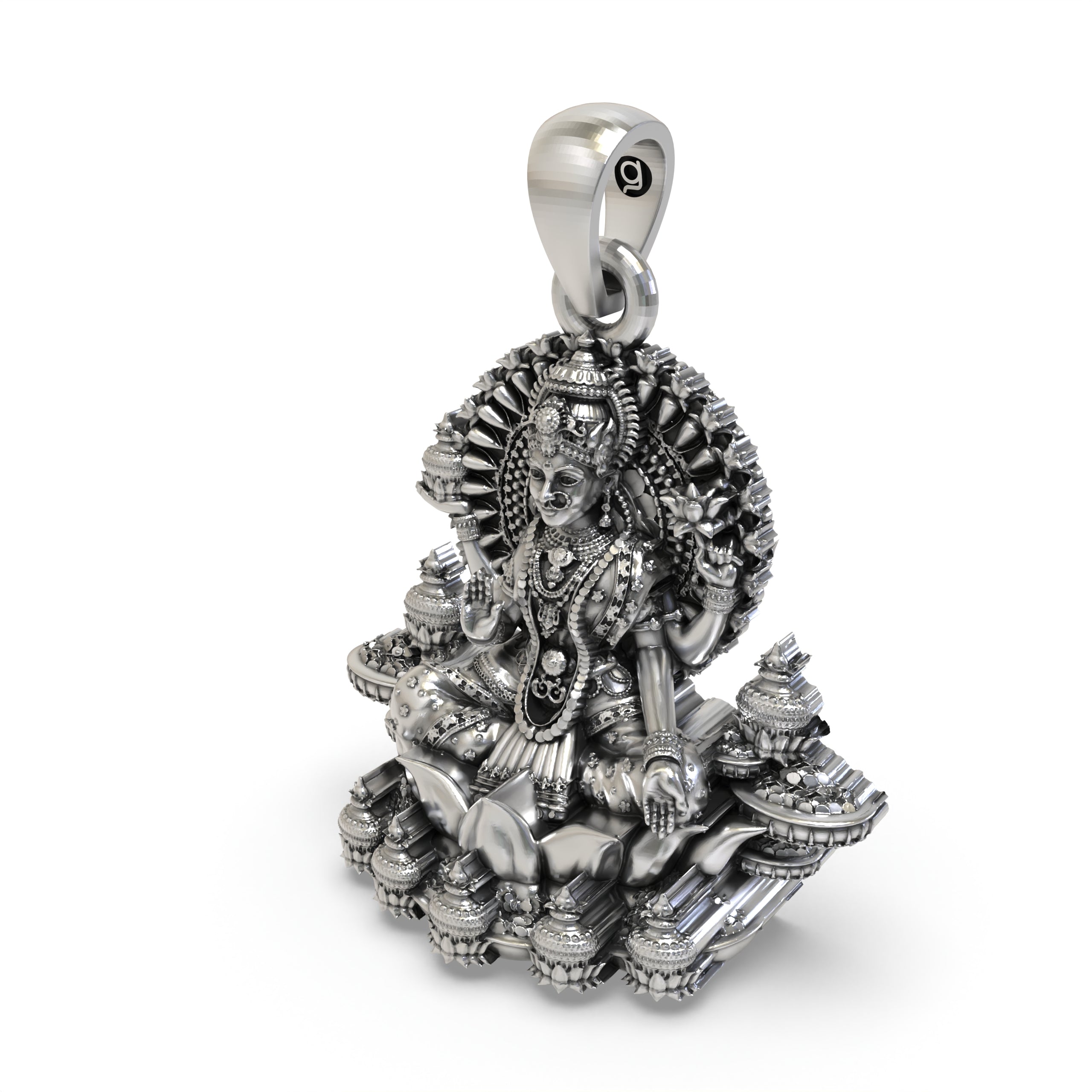 925 Sterling Silver Lakshmi Pendant — Goddess Mahalakshmi on Lotus with Kalash, Handmade Temple Jewellery