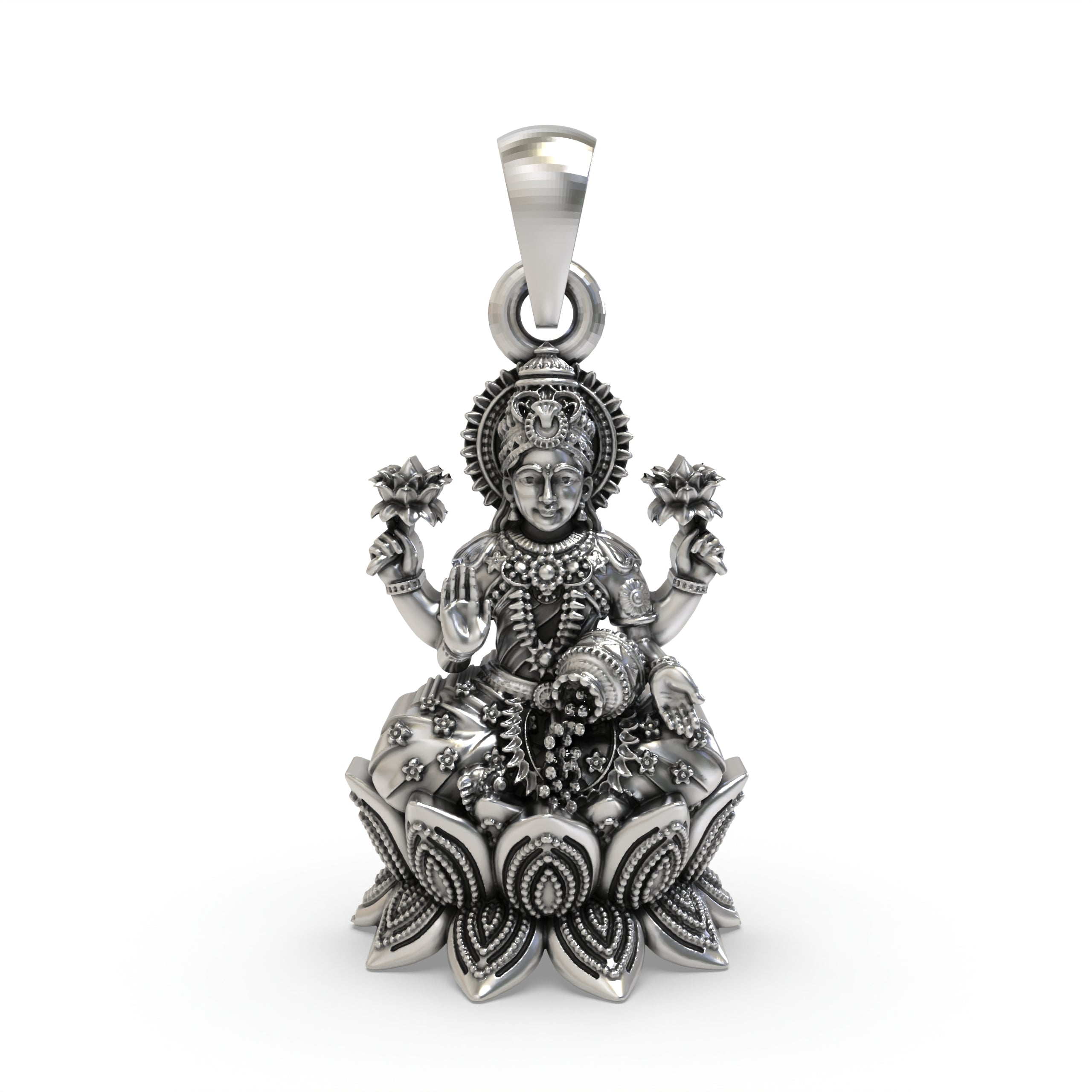 925 Sterling Silver Lakshmi Pendant — Goddess Mahalakshmi on Lotus with Kalash & Flowers, Handmade Temple Jewellery