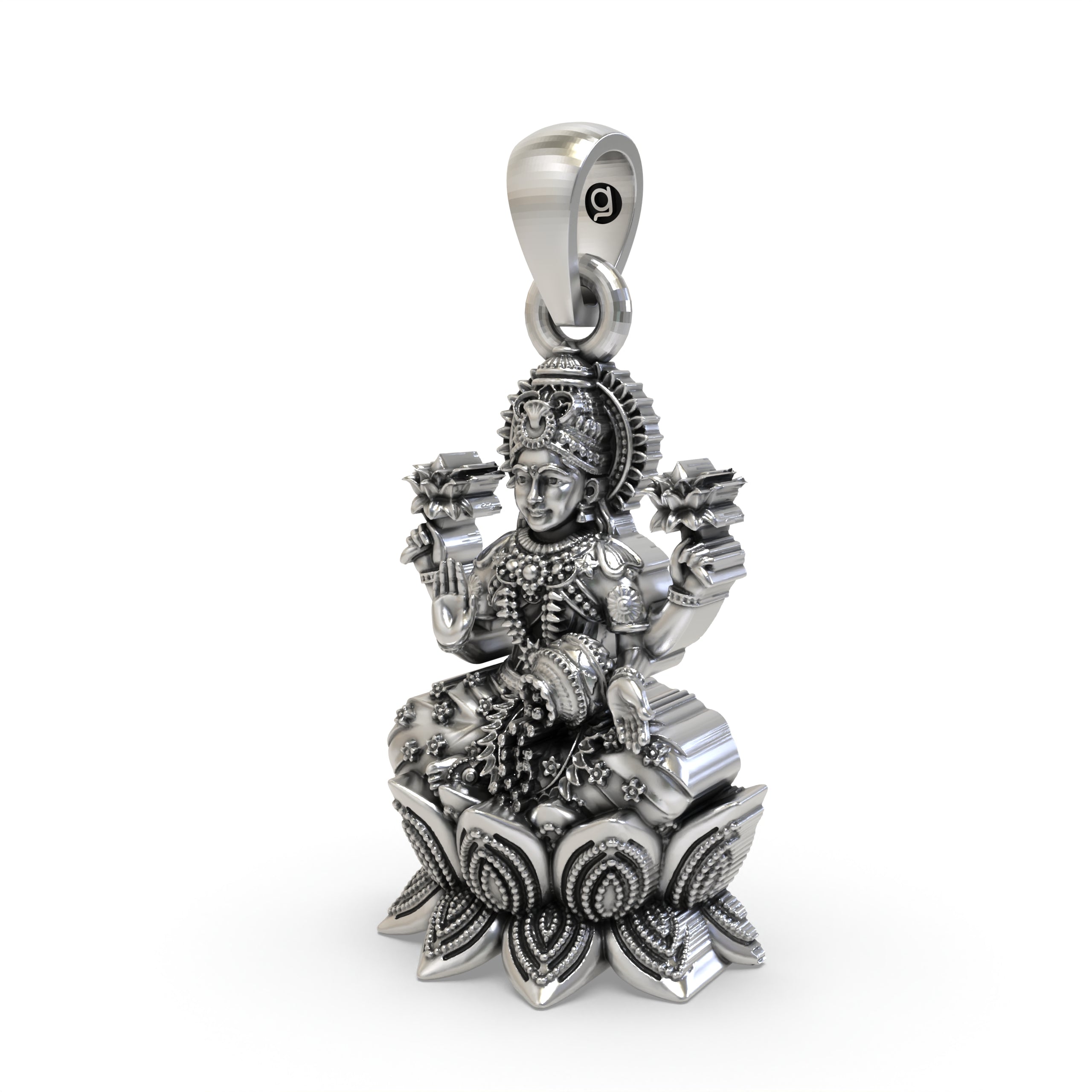 925 Sterling Silver Lakshmi Pendant — Goddess Mahalakshmi on Lotus with Kalash & Flowers, Handmade Temple Jewellery