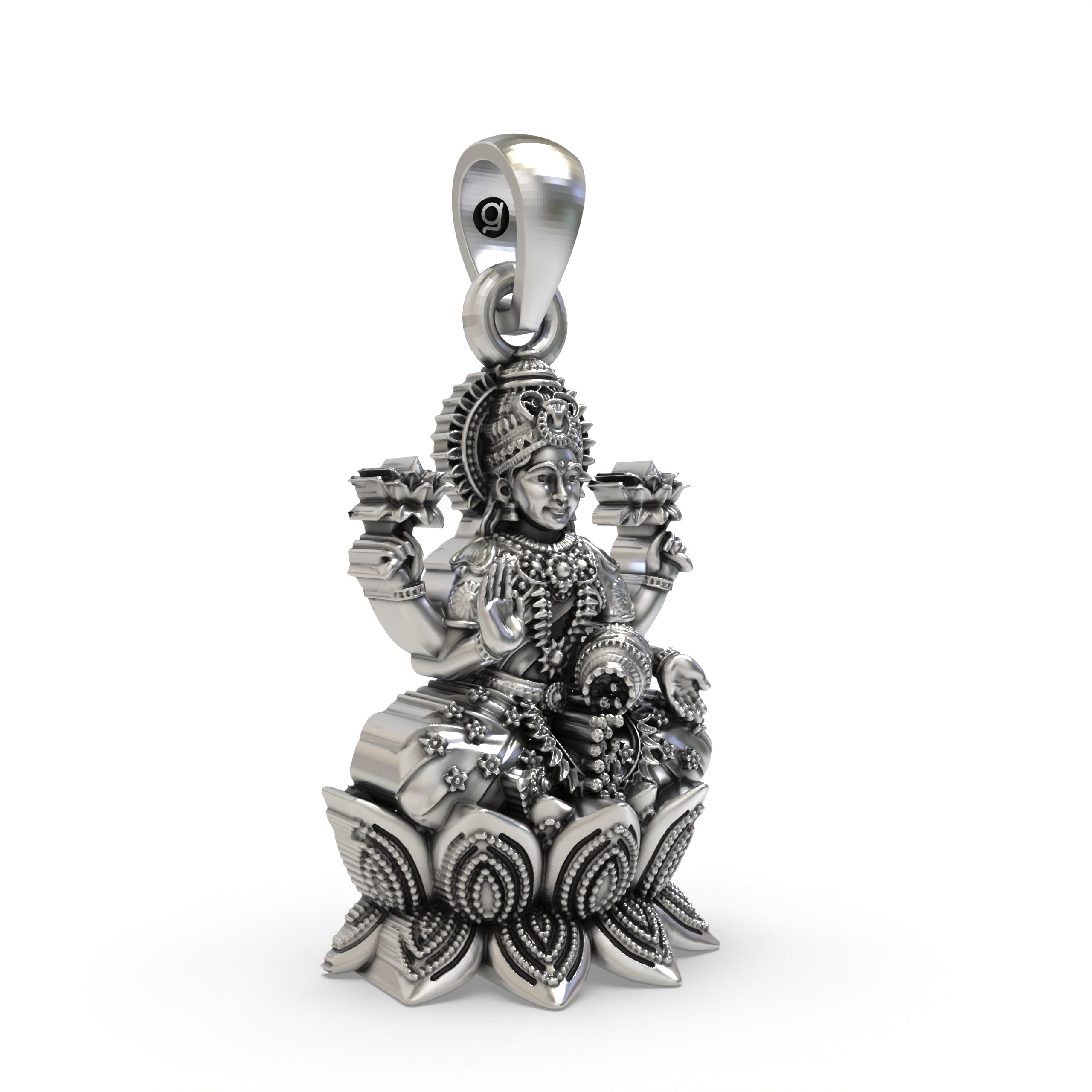925 Sterling Silver Lakshmi Pendant — Goddess Mahalakshmi on Lotus with Kalash & Flowers, Handmade Temple Jewellery