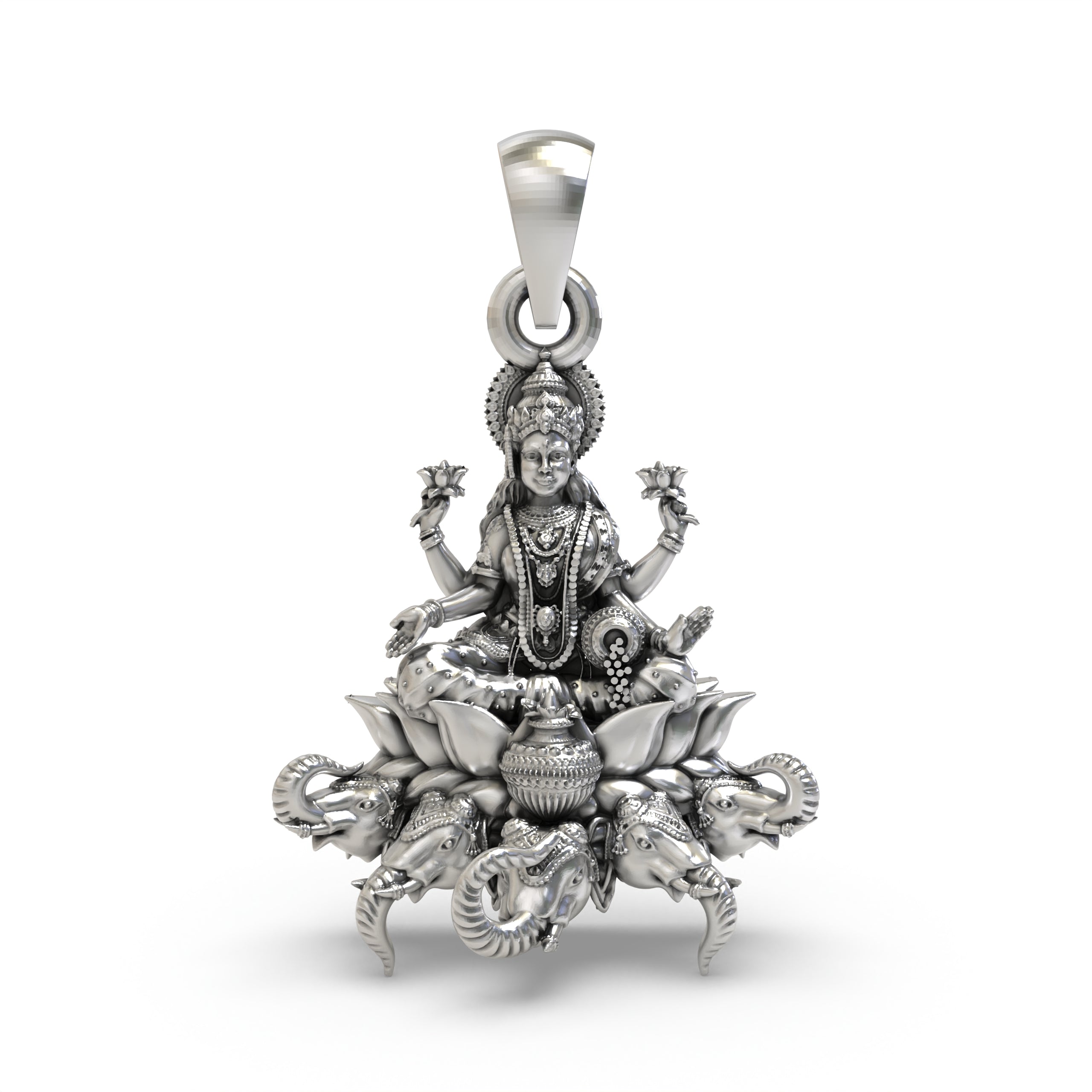 925 Sterling Silver Gajalakshmi Pendant — Goddess Mahalakshmi on Lotus with Elephants & Kalash, Handmade Temple Jewellery