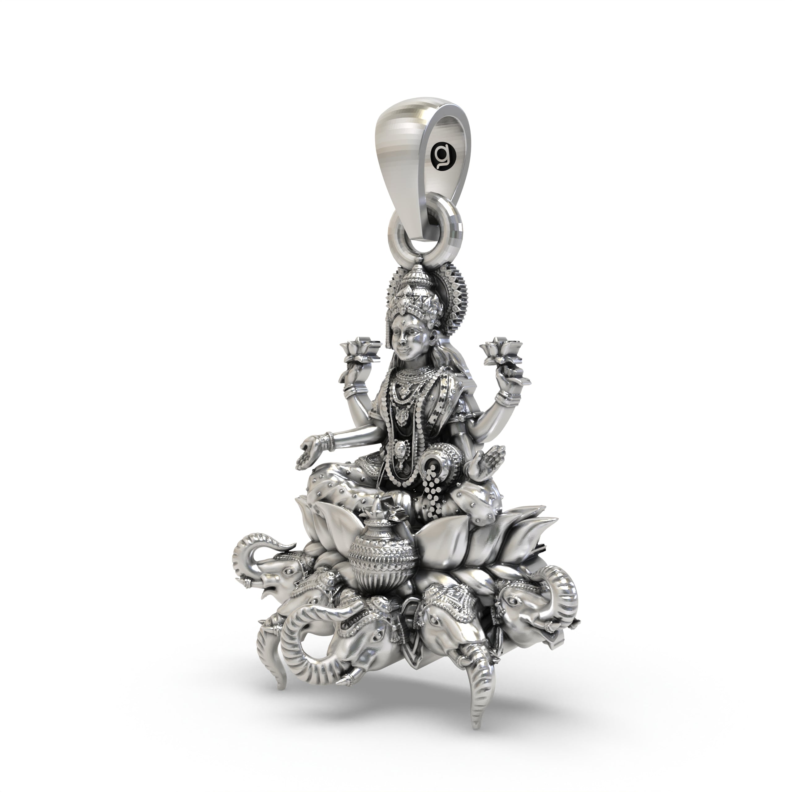 925 Sterling Silver Gajalakshmi Pendant — Goddess Mahalakshmi on Lotus with Elephants & Kalash, Handmade Temple Jewellery