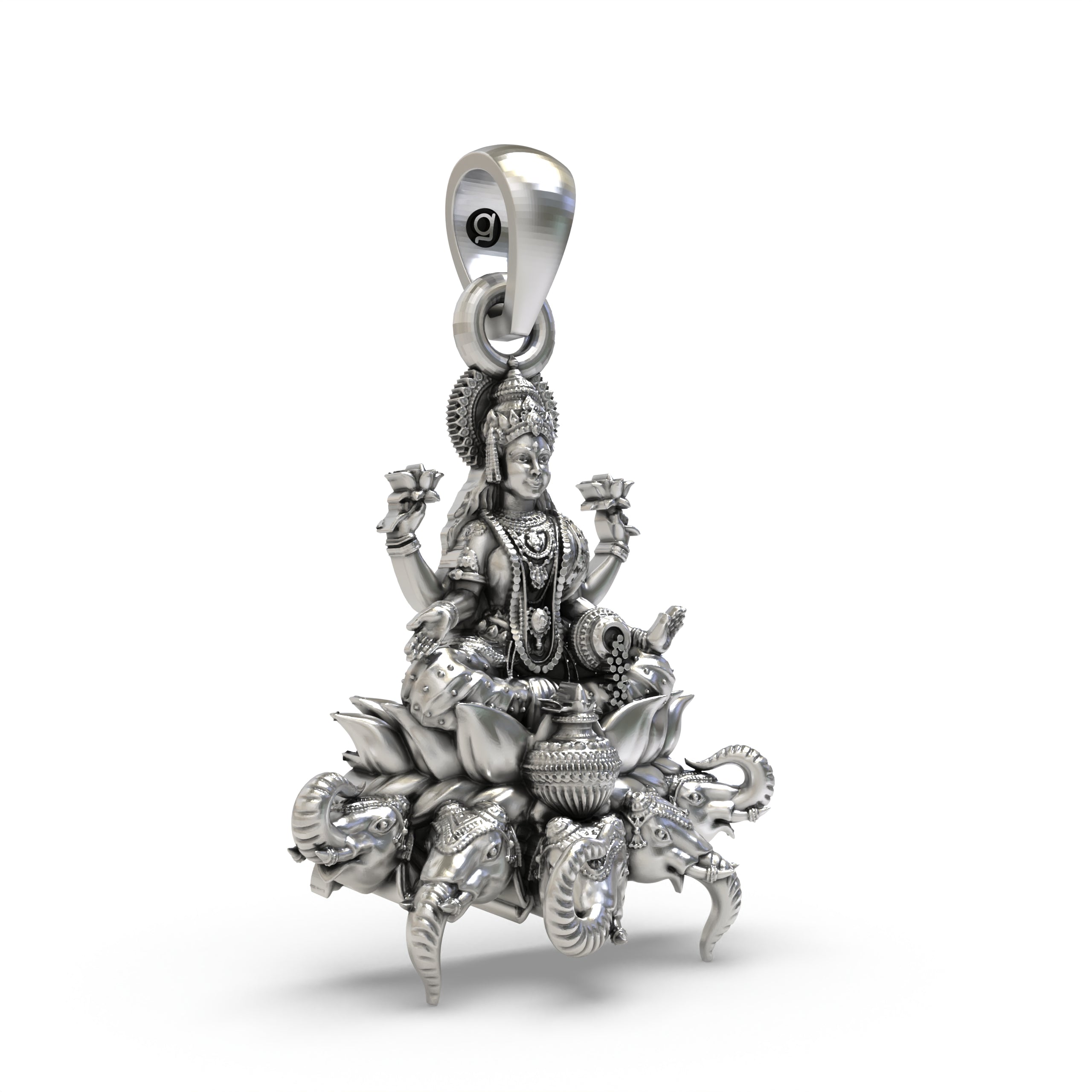 925 Sterling Silver Gajalakshmi Pendant — Goddess Mahalakshmi on Lotus with Elephants & Kalash, Handmade Temple Jewellery