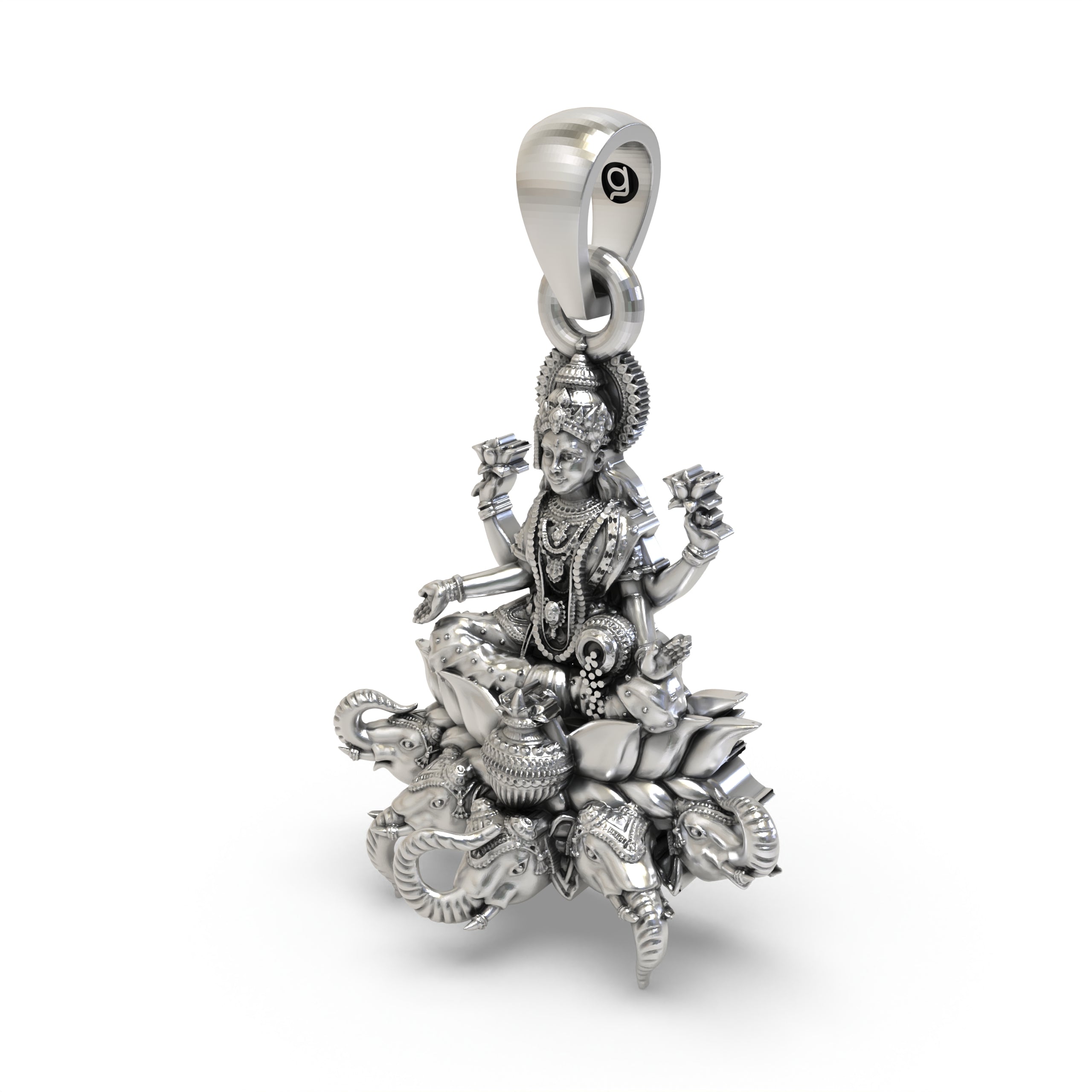 925 Sterling Silver Gajalakshmi Pendant — Goddess Mahalakshmi on Lotus with Elephants & Kalash, Handmade Temple Jewellery