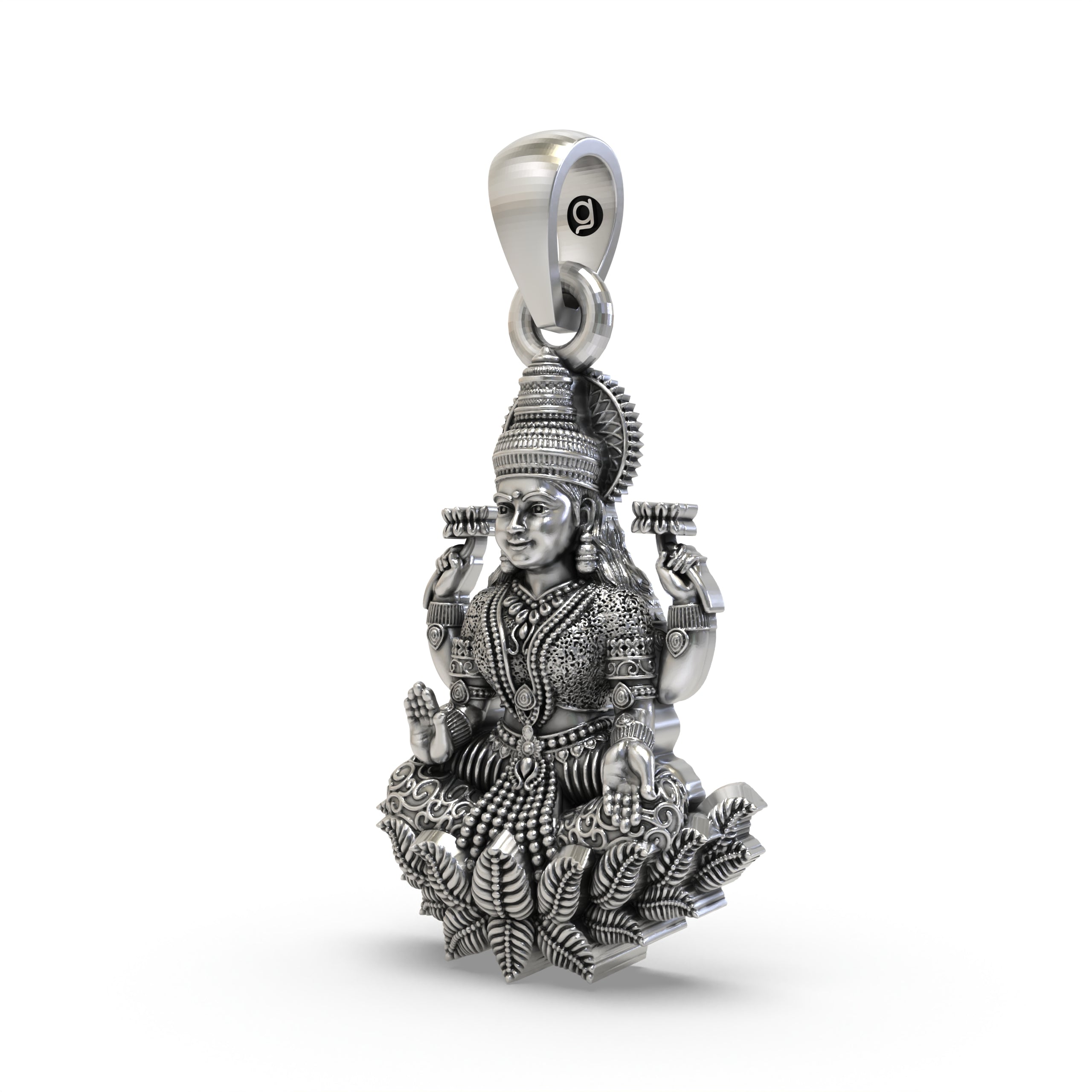 925 Sterling Silver Lakshmi Pendant — Goddess Mahalakshmi on Lotus with Blessings & Lotus Flowers, Handmade Temple Jewellery