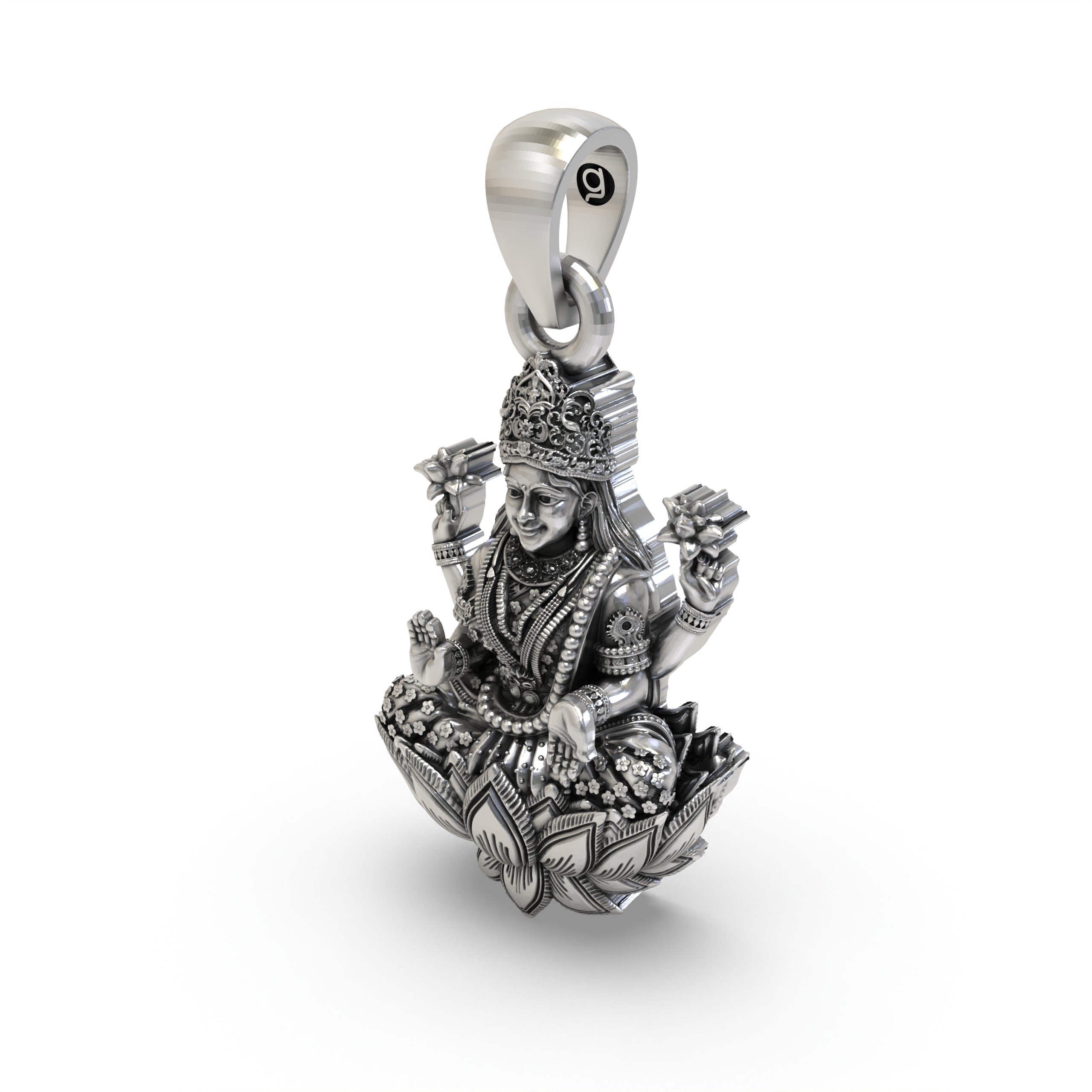 925 Sterling Silver Lakshmi Pendant — Goddess Mahalakshmi on Lotus with Blessing Mudra & Lotus Flowers, Handmade Temple Jewellery