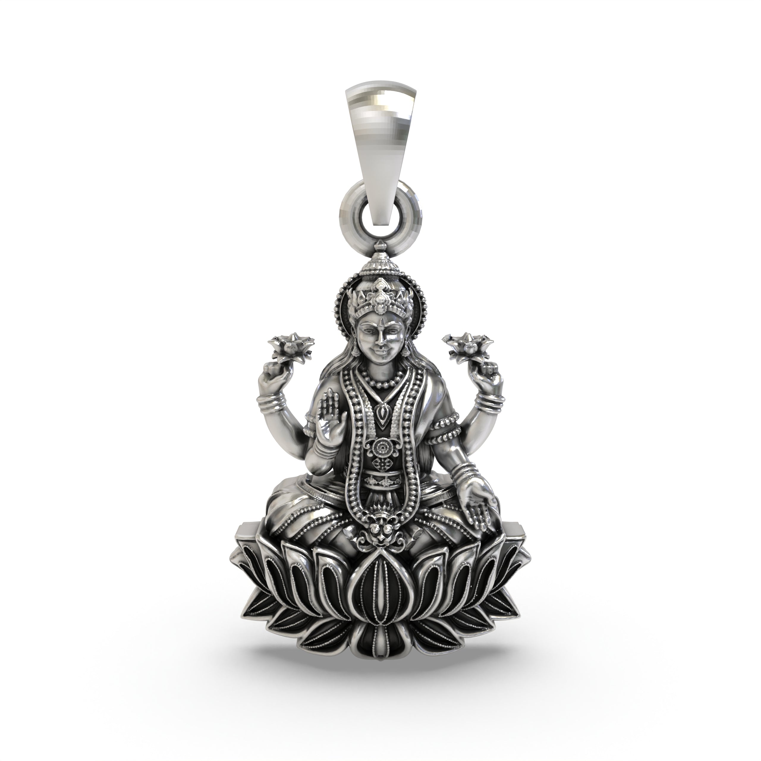 925 Sterling Silver Lakshmi Pendant — Goddess Mahalakshmi on Lotus with Blessing Mudra & Lotus Flowers, Handmade Temple Jewellery