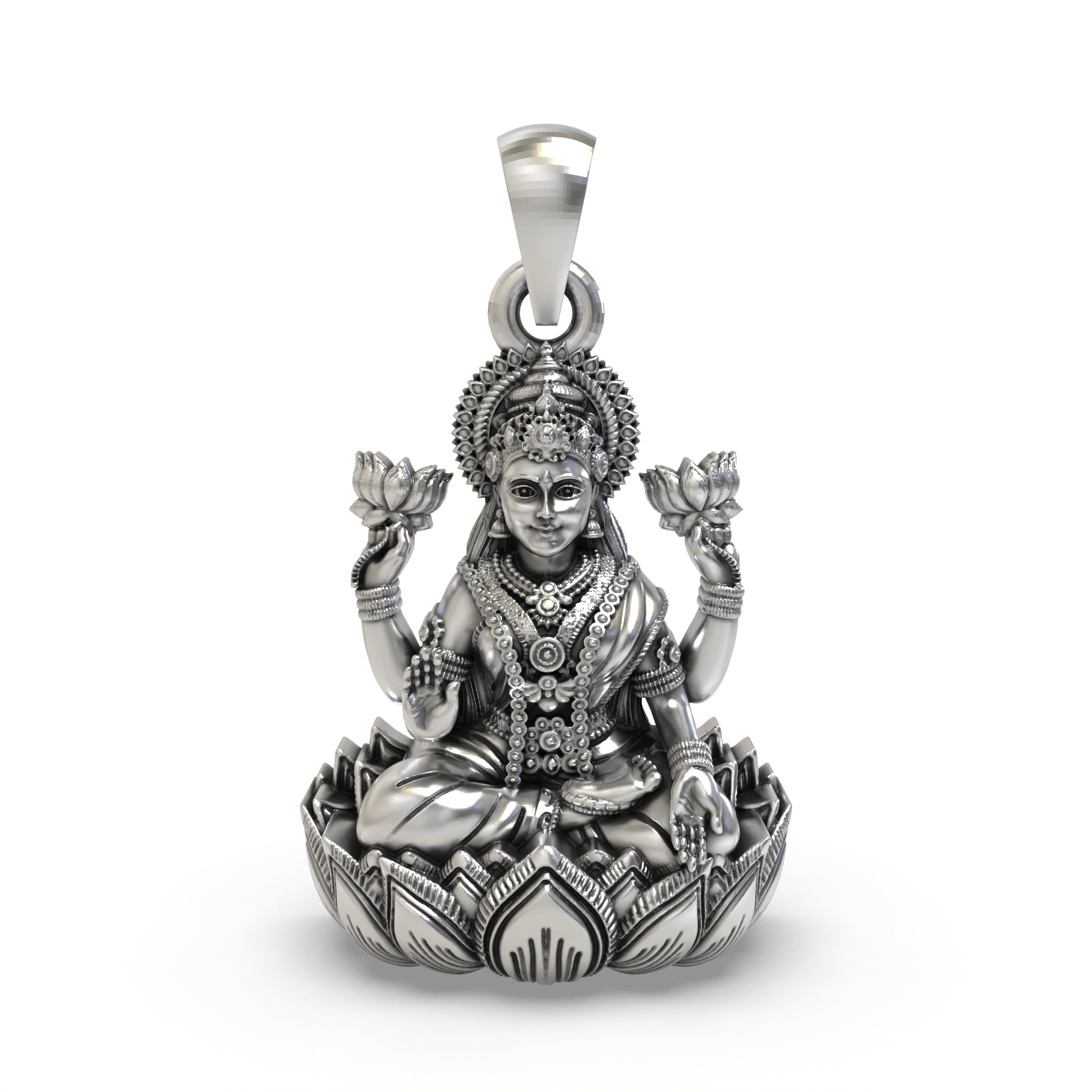 925 Sterling Silver Lakshmi Pendant — Goddess Mahalakshmi on Lotus with Blessing Mudra & Lotus Flowers, Handmade Temple Jewellery