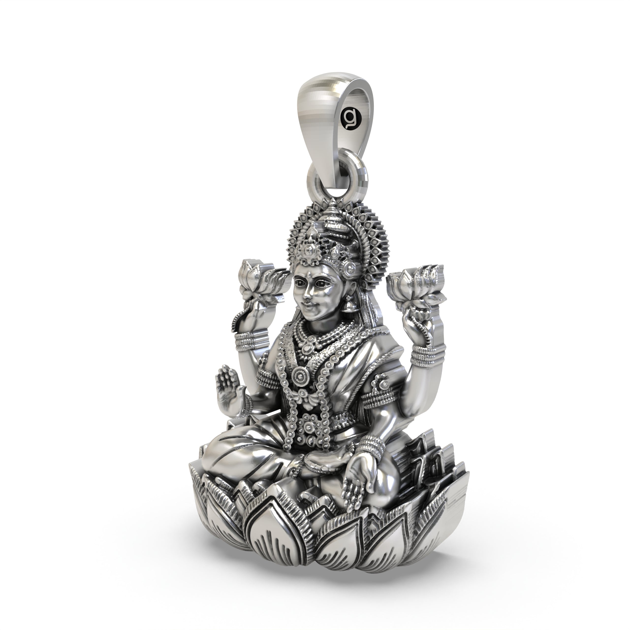 925 Sterling Silver Lakshmi Pendant — Goddess Mahalakshmi on Lotus with Blessing Mudra & Lotus Flowers, Handmade Temple Jewellery