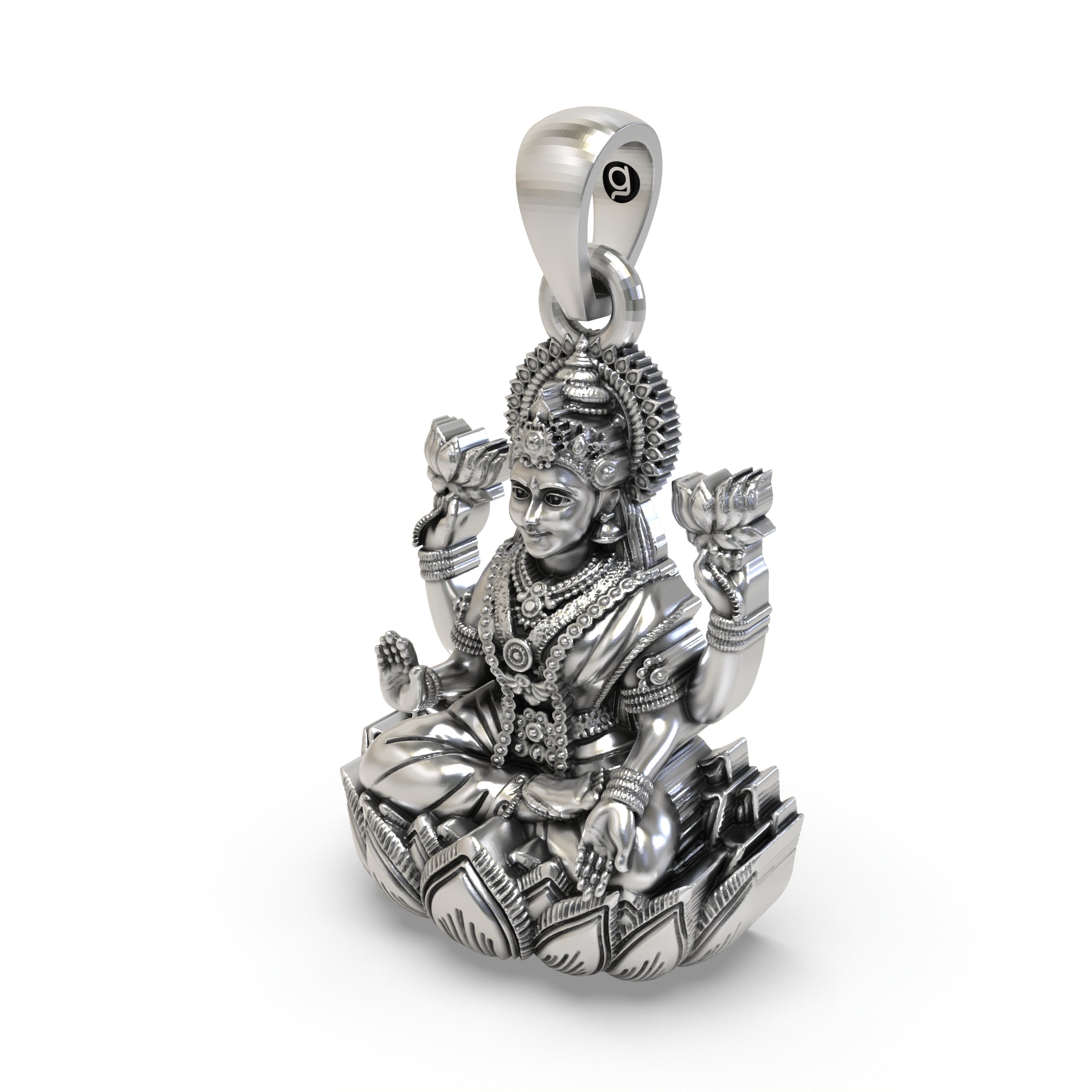 925 Sterling Silver Lakshmi Pendant — Goddess Mahalakshmi on Lotus with Blessing Mudra & Lotus Flowers, Handmade Temple Jewellery