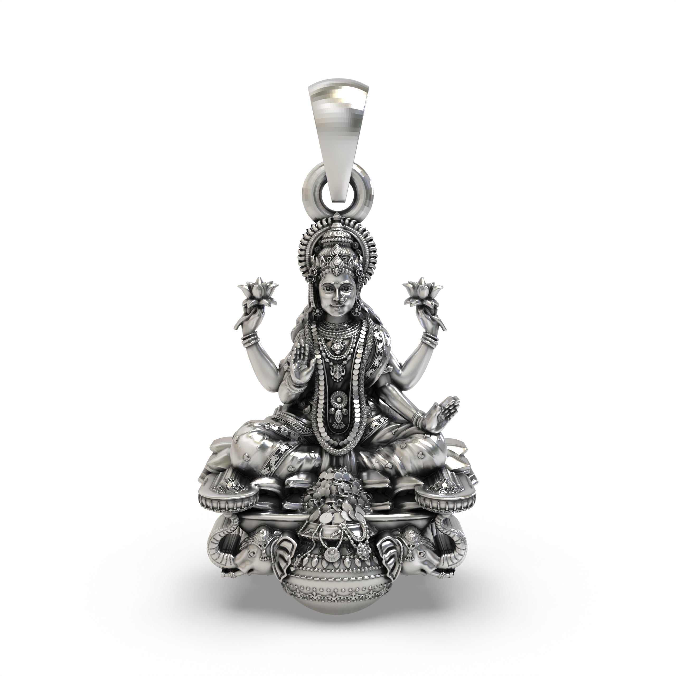 925 Sterling Silver Gajalakshmi Pendant — Goddess Mahalakshmi on Lotus with Elephants & Kalash, Handmade Temple Jewellery