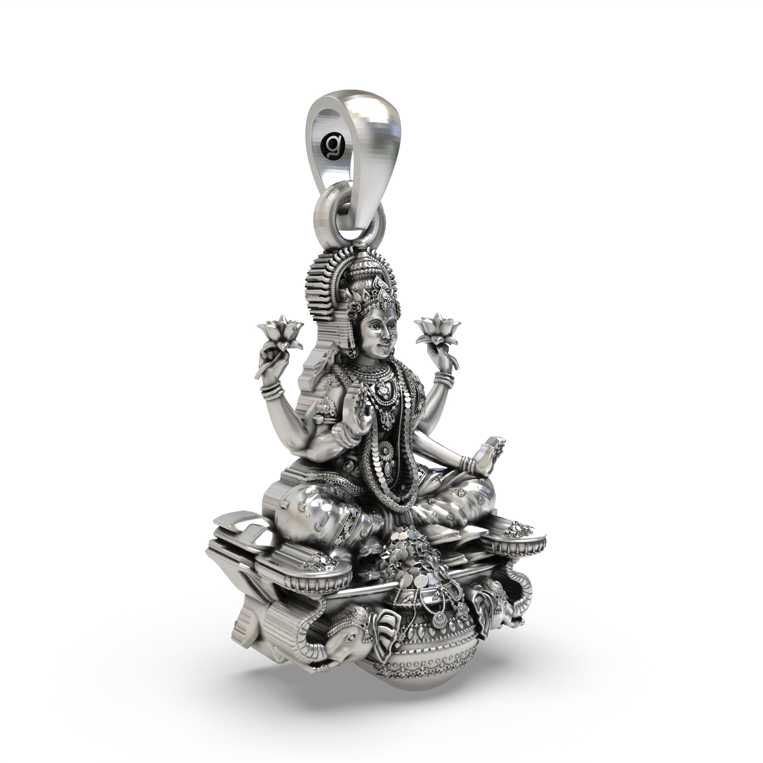925 Sterling Silver Gajalakshmi Pendant — Goddess Mahalakshmi on Lotus with Elephants & Kalash, Handmade Temple Jewellery