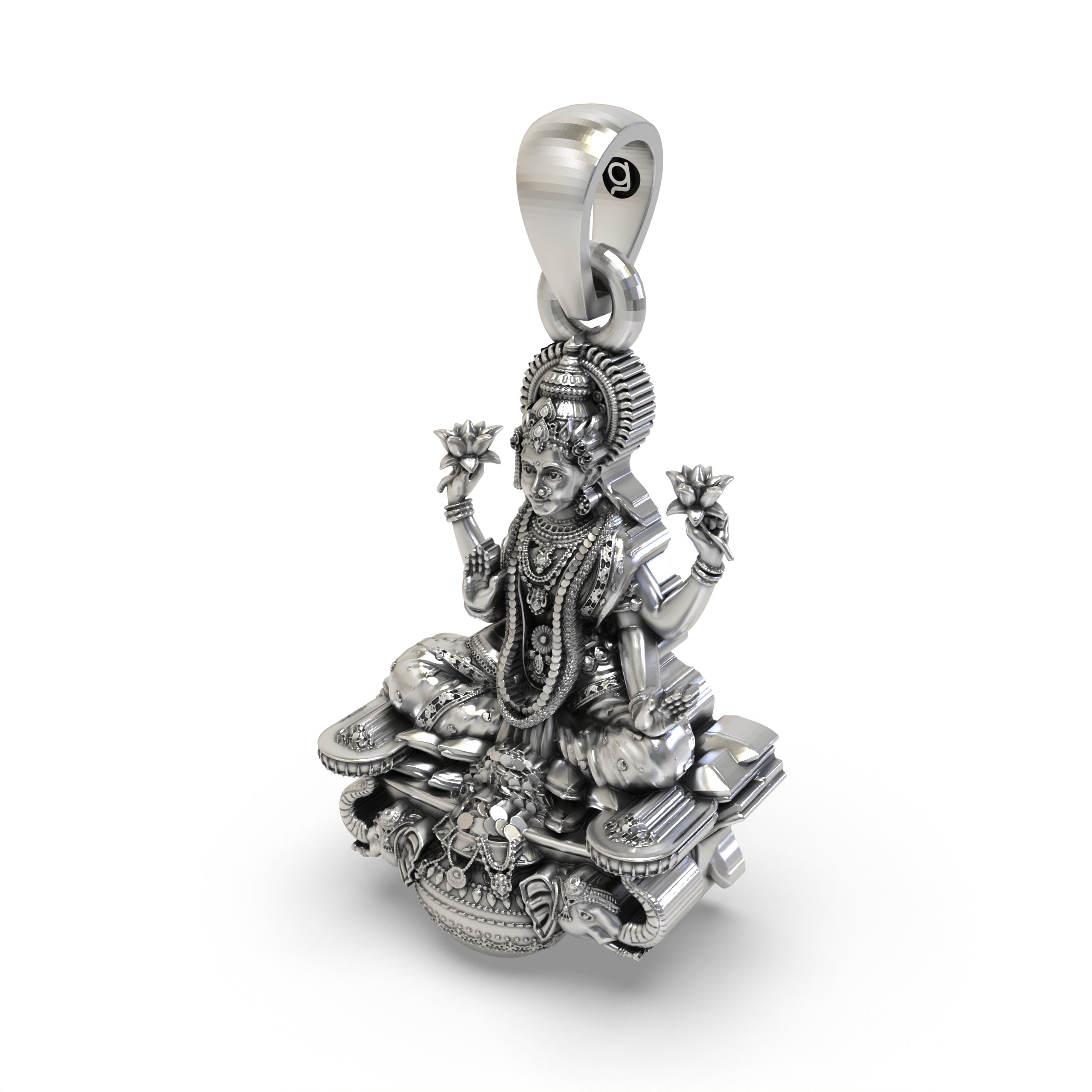 925 Sterling Silver Gajalakshmi Pendant — Goddess Mahalakshmi on Lotus with Elephants & Kalash, Handmade Temple Jewellery