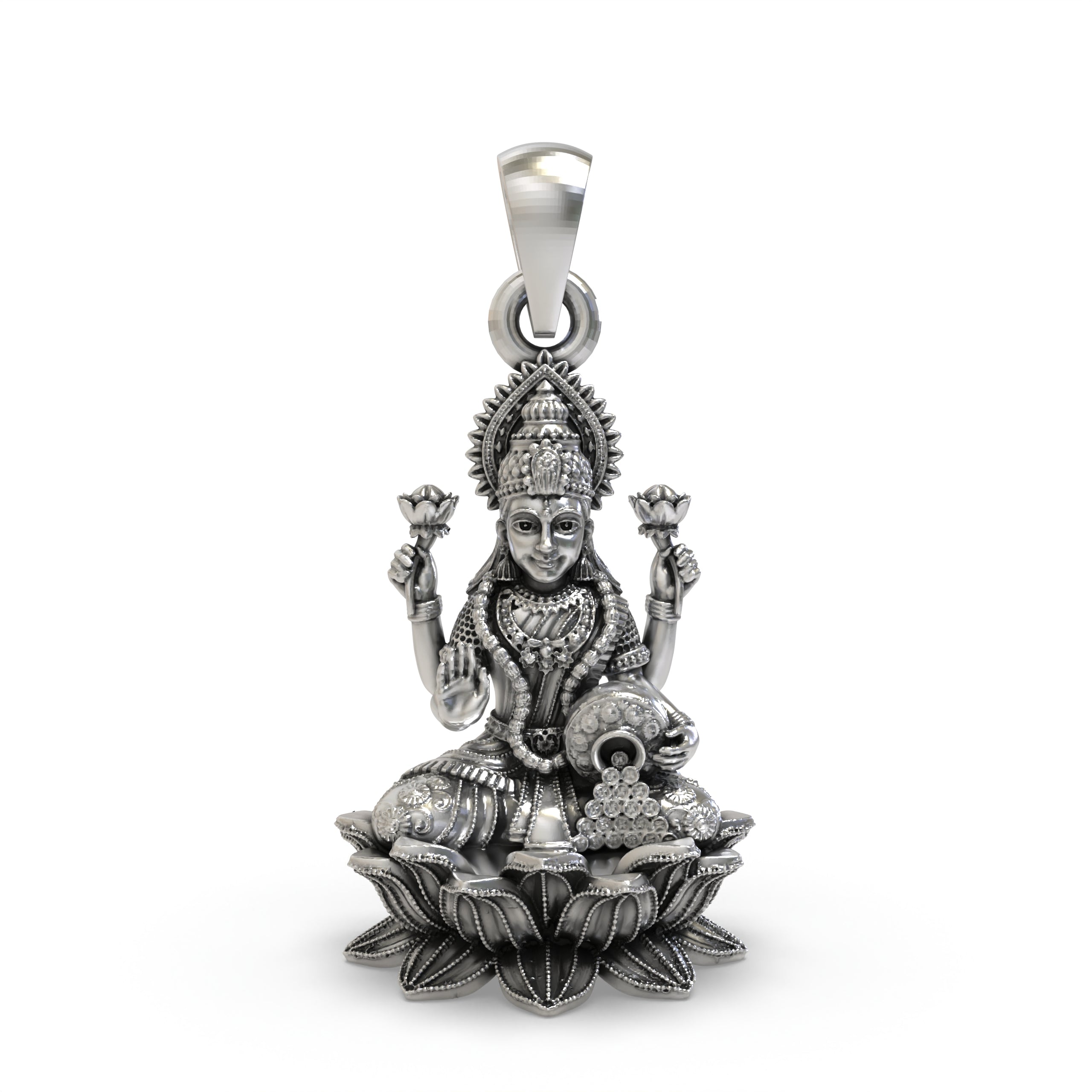925 Sterling Silver Lakshmi Pendant — Goddess Mahalakshmi on Lotus with Blessing Mudra & Coin Pot, Handmade Temple Jewellery