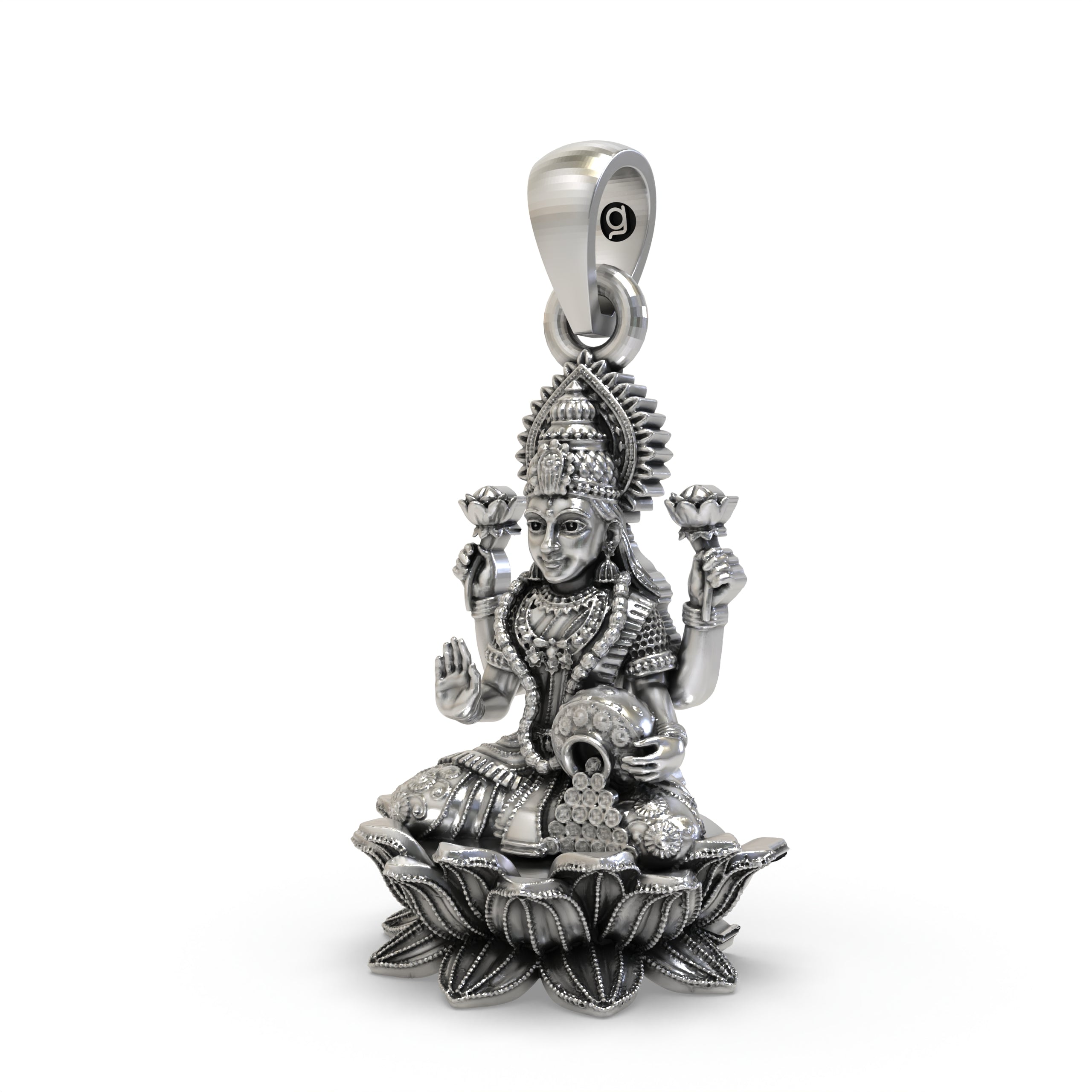 925 Sterling Silver Lakshmi Pendant — Goddess Mahalakshmi on Lotus with Blessing Mudra & Coin Pot, Handmade Temple Jewellery