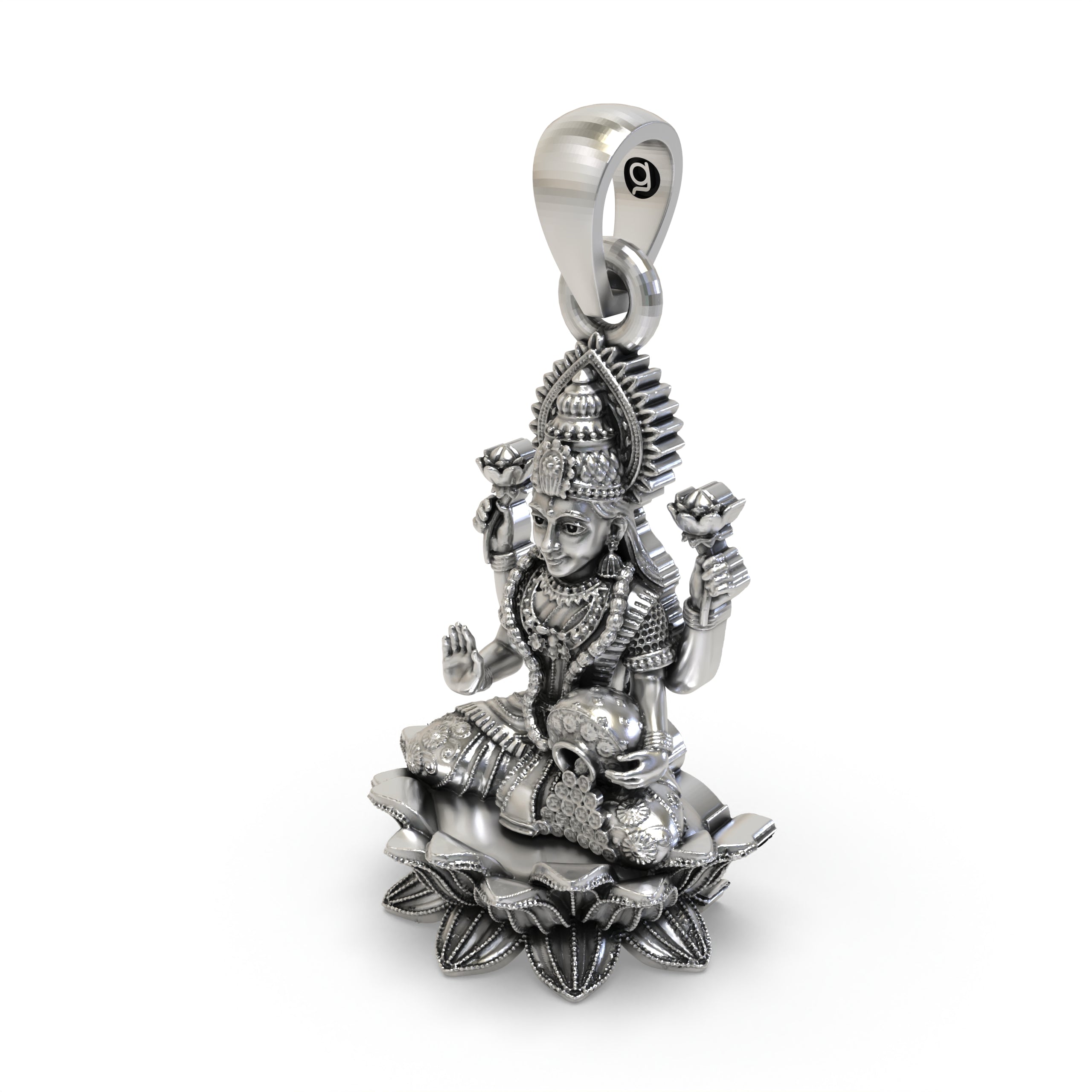925 Sterling Silver Lakshmi Pendant — Goddess Mahalakshmi on Lotus with Blessing Mudra & Coin Pot, Handmade Temple Jewellery