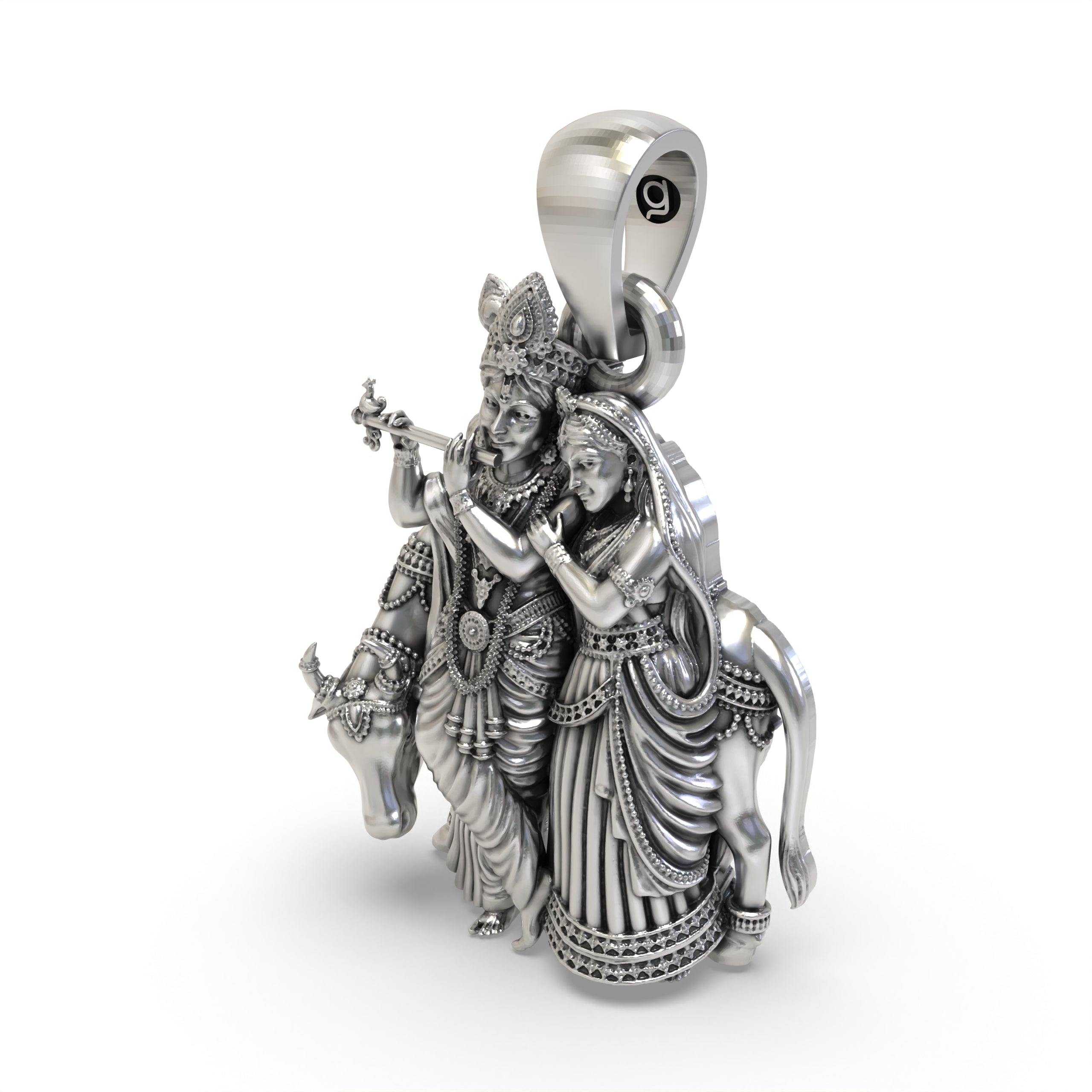 925 Silver Radha Krishna Pendant | Handmade Sterling Silver Cow Krishna Jewelry | Hallmarked Hindu Spiritual Locket