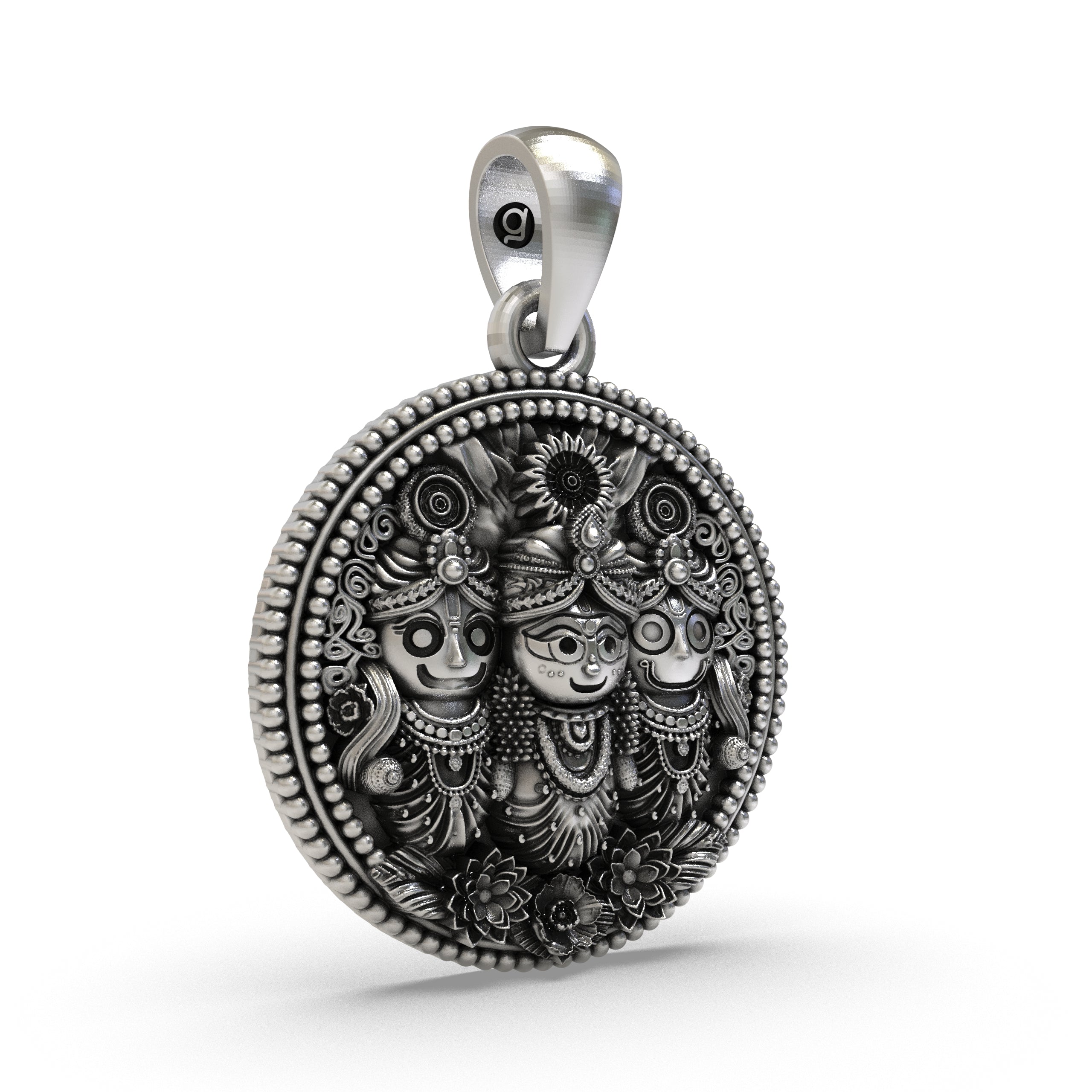 925 Sterling Silver Jagannath Balabhadra Subhadra Pendant | Puri Jagannath Round Oxidized Medallion | Hindu Spiritual Necklace