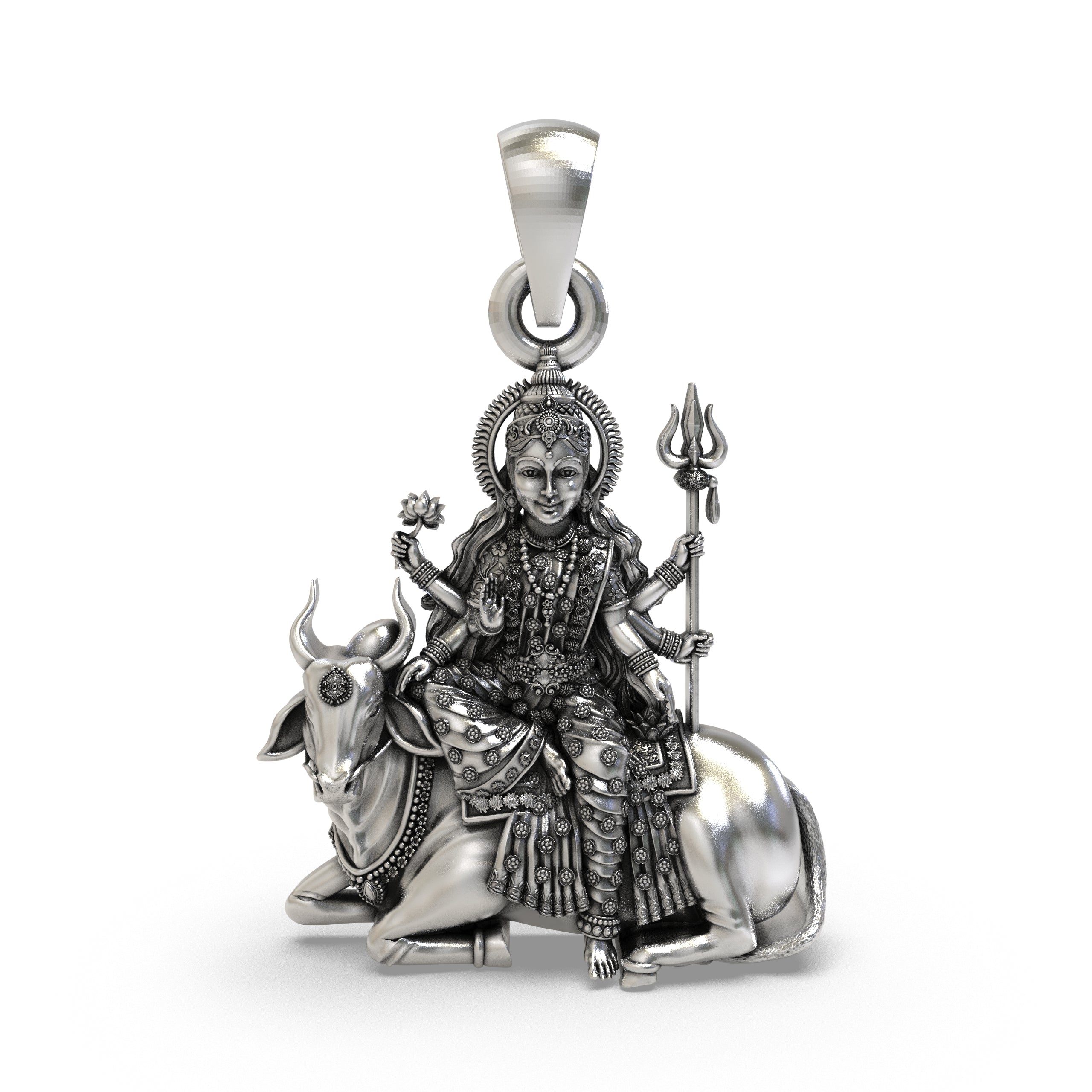 925 Silver Mahagauri Durga Pendant – Navadurga on Bull (Vrishabha Vahana) with Trishul & Lotus, Antique-Oxidized Handcrafted Spiritual Jewelry