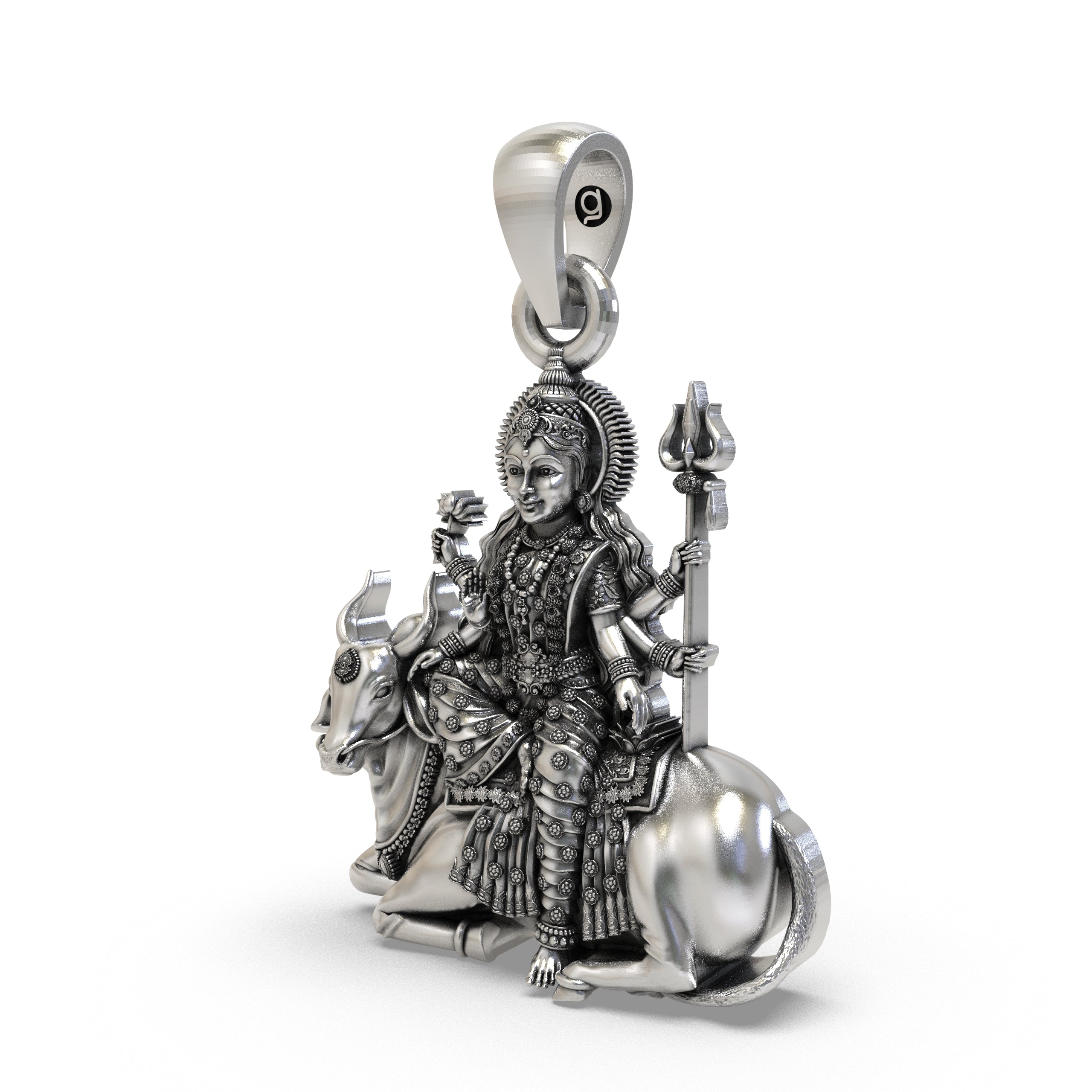 925 Silver Mahagauri Durga Pendant – Navadurga on Bull (Vrishabha Vahana) with Trishul & Lotus, Antique-Oxidized Handcrafted Spiritual Jewelry