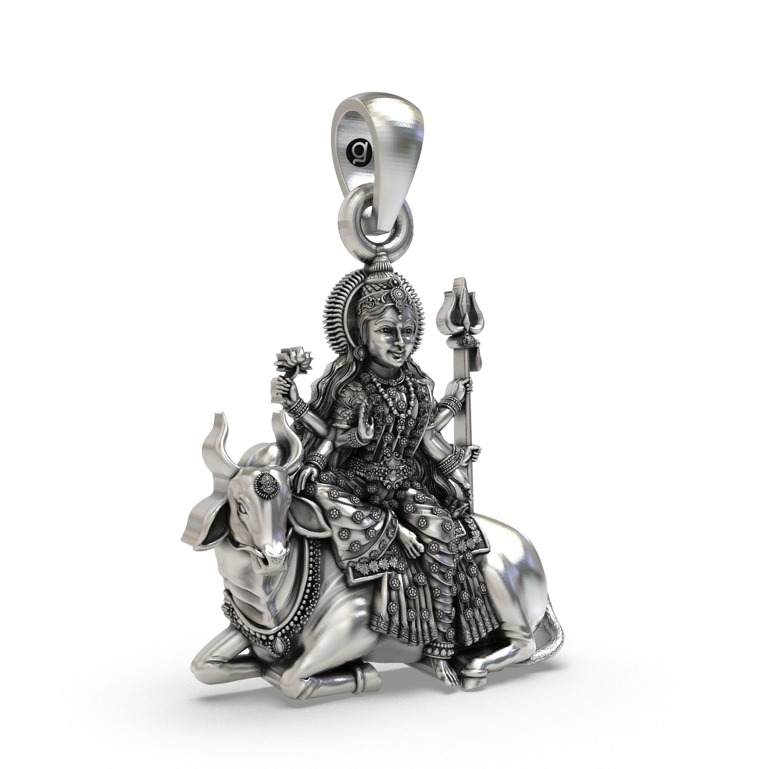 925 Silver Mahagauri Durga Pendant – Navadurga on Bull (Vrishabha Vahana) with Trishul & Lotus, Antique-Oxidized Handcrafted Spiritual Jewelry