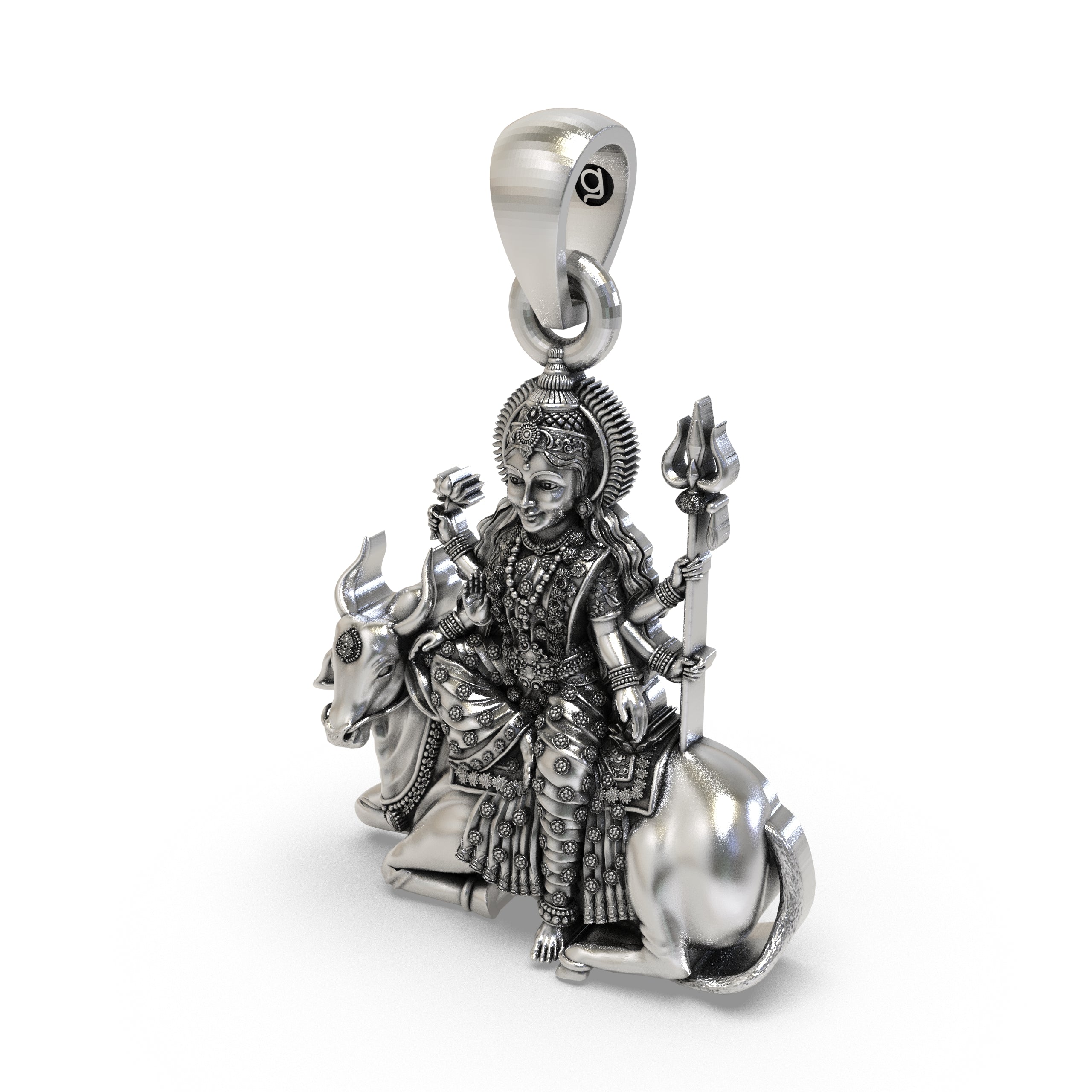 925 Silver Mahagauri Durga Pendant – Navadurga on Bull (Vrishabha Vahana) with Trishul & Lotus, Antique-Oxidized Handcrafted Spiritual Jewelry