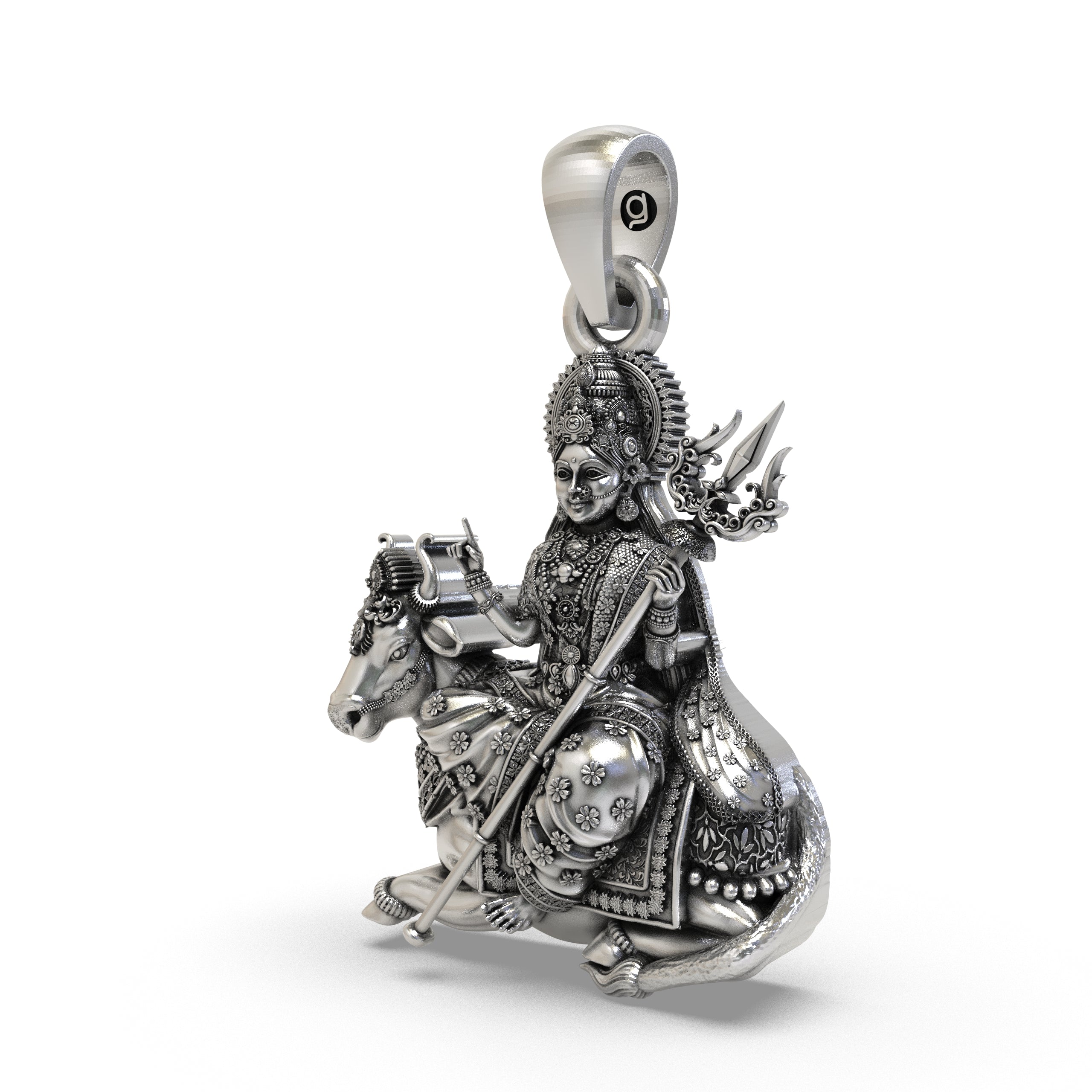 925 Silver Mahagauri Durga Pendant – Vrishabha Vahana (Bull) with Trishul, Antique-Oxidized Handcrafted Temple Jewelry, Navratri Gift