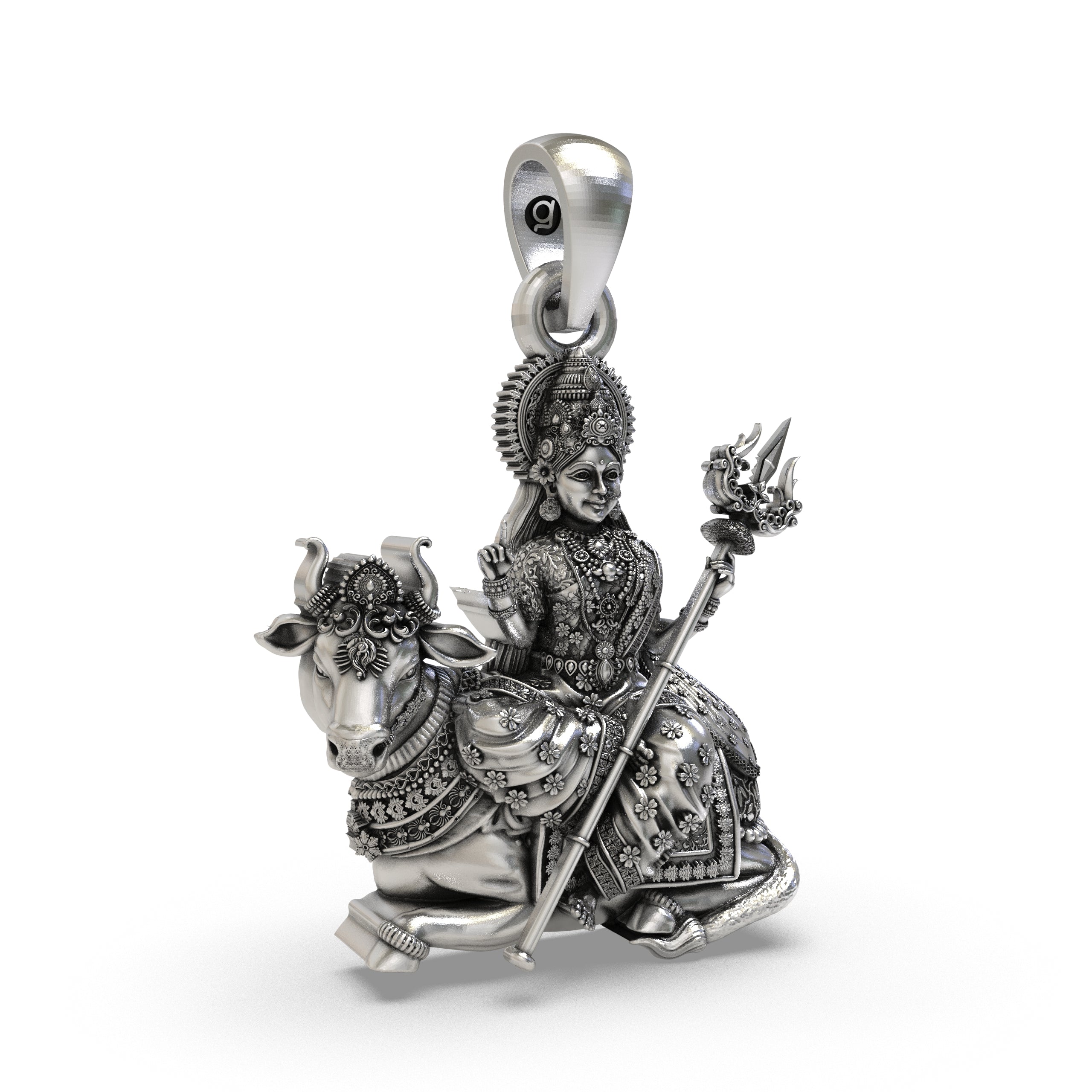 925 Silver Mahagauri Durga Pendant – Vrishabha Vahana (Bull) with Trishul, Antique-Oxidized Handcrafted Temple Jewelry, Navratri Gift