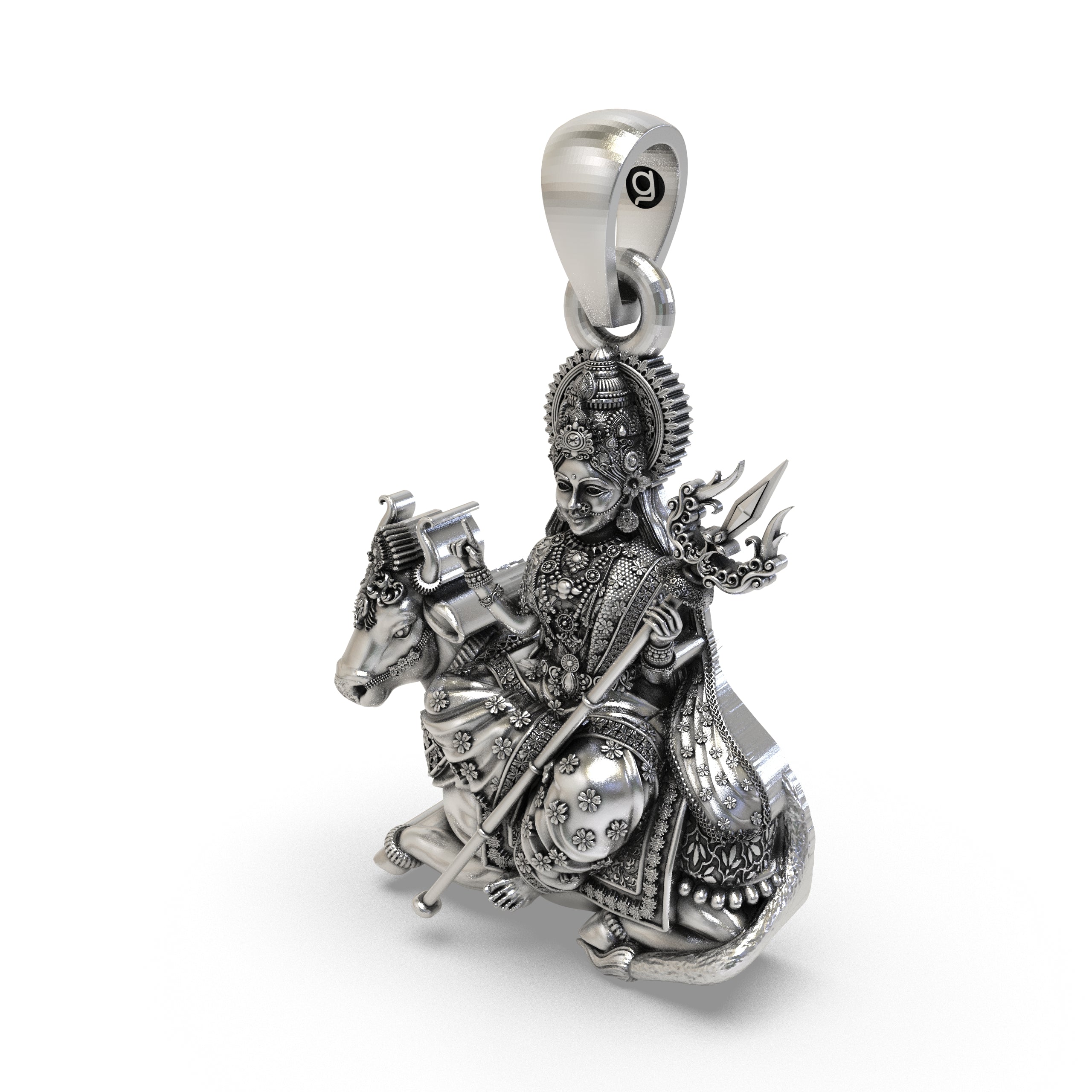 925 Silver Mahagauri Durga Pendant – Vrishabha Vahana (Bull) with Trishul, Antique-Oxidized Handcrafted Temple Jewelry, Navratri Gift