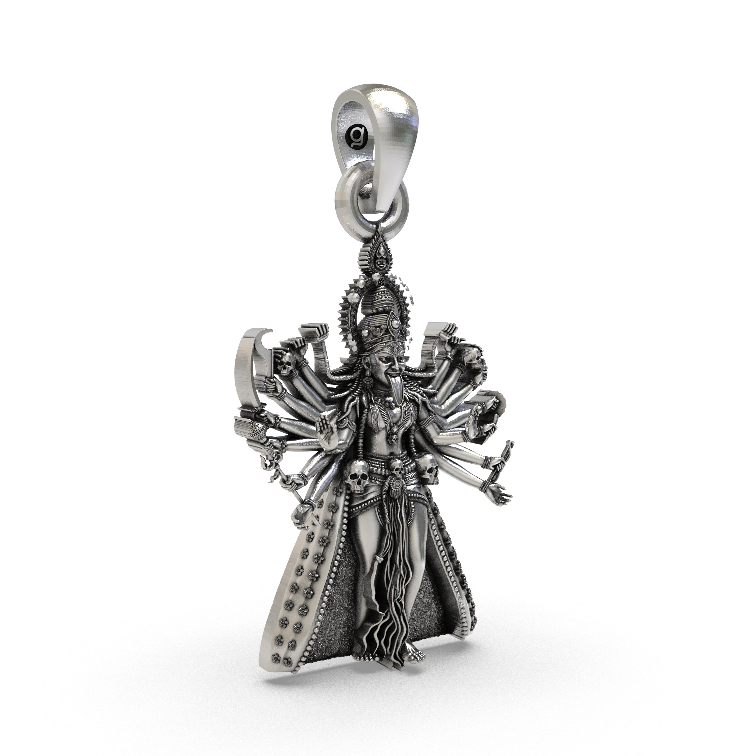 925 Silver Kali Maa Pendant – Mahakali Multi-Armed Idol with Trishul & Skull Garland, Antique-Oxidized Handcrafted Temple Jewelry, Navratri Gift