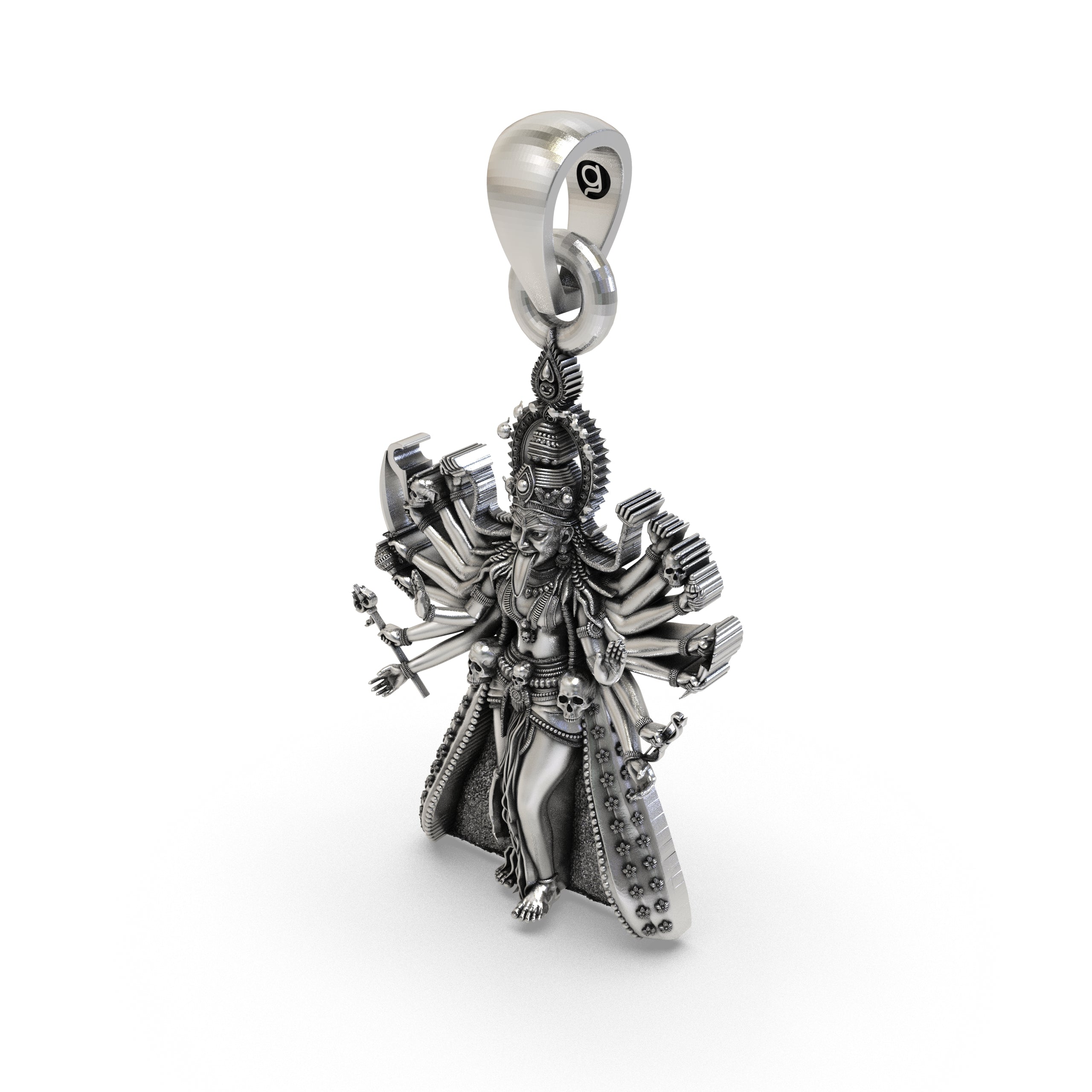 925 Silver Kali Maa Pendant – Mahakali Multi-Armed Idol with Trishul & Skull Garland, Antique-Oxidized Handcrafted Temple Jewelry, Navratri Gift
