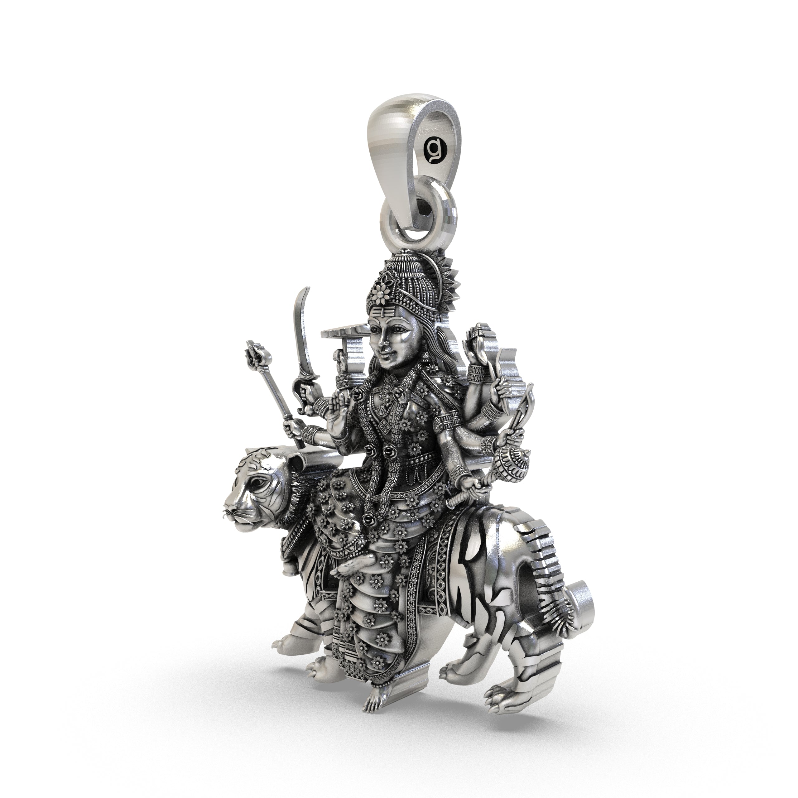 925 Silver Durga Maa Pendant – Tiger Vahana (Simhavahini), Multi-Armed Shakti with Trishul, Antique-Oxidized Handcrafted Temple Jewelry, Navratri Gift