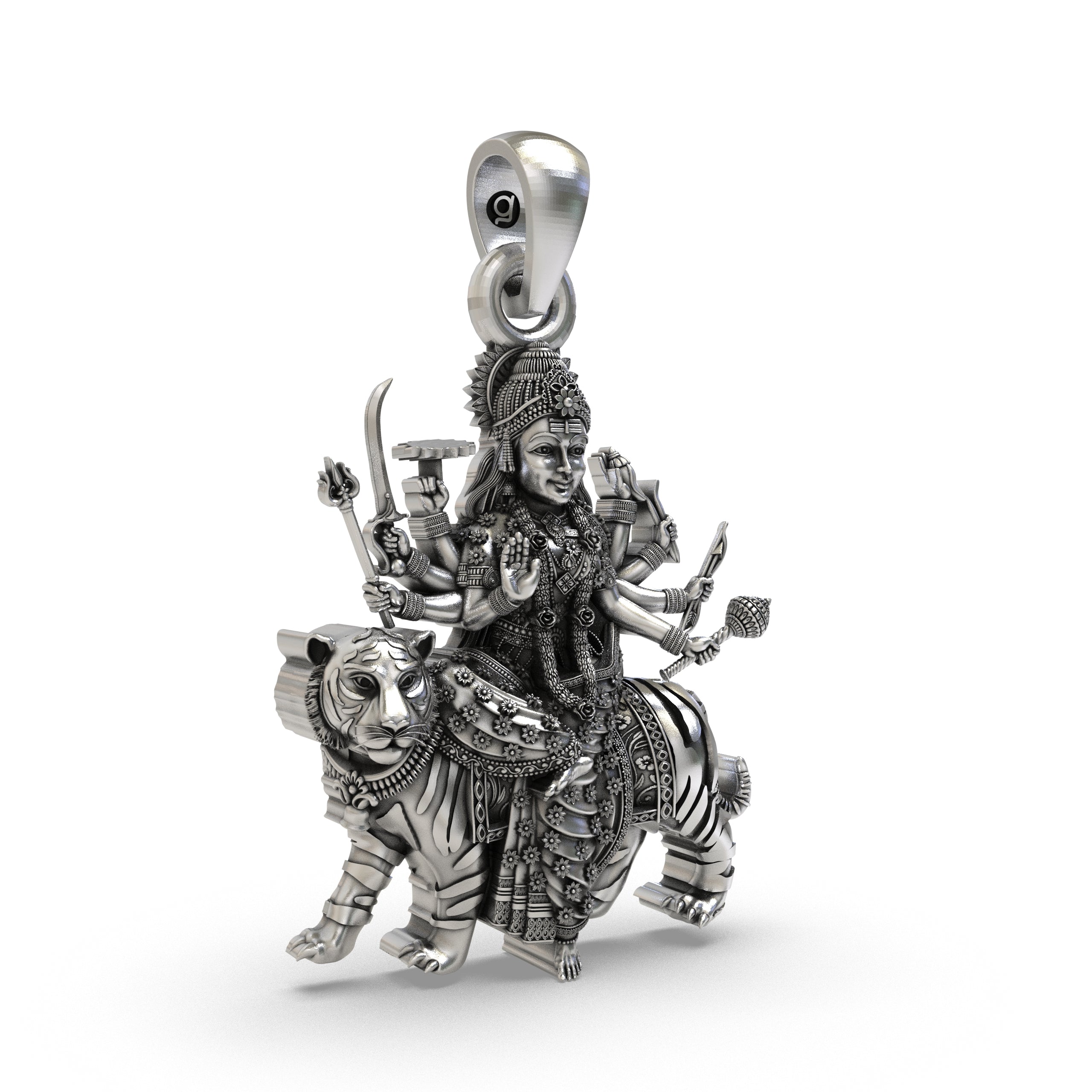 925 Silver Durga Maa Pendant – Tiger Vahana (Simhavahini), Multi-Armed Shakti with Trishul, Antique-Oxidized Handcrafted Temple Jewelry, Navratri Gift