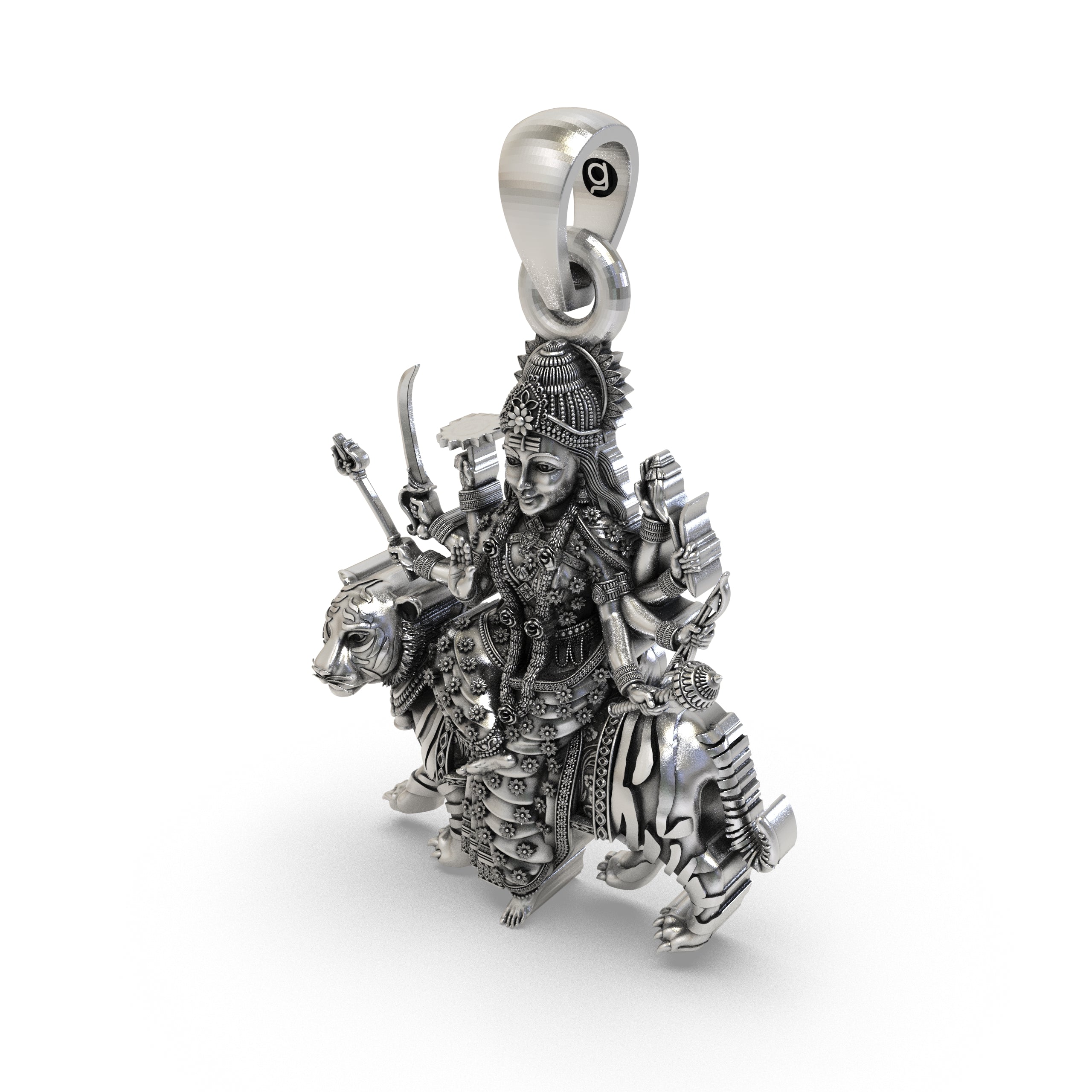 925 Silver Durga Maa Pendant – Tiger Vahana (Simhavahini), Multi-Armed Shakti with Trishul, Antique-Oxidized Handcrafted Temple Jewelry, Navratri Gift