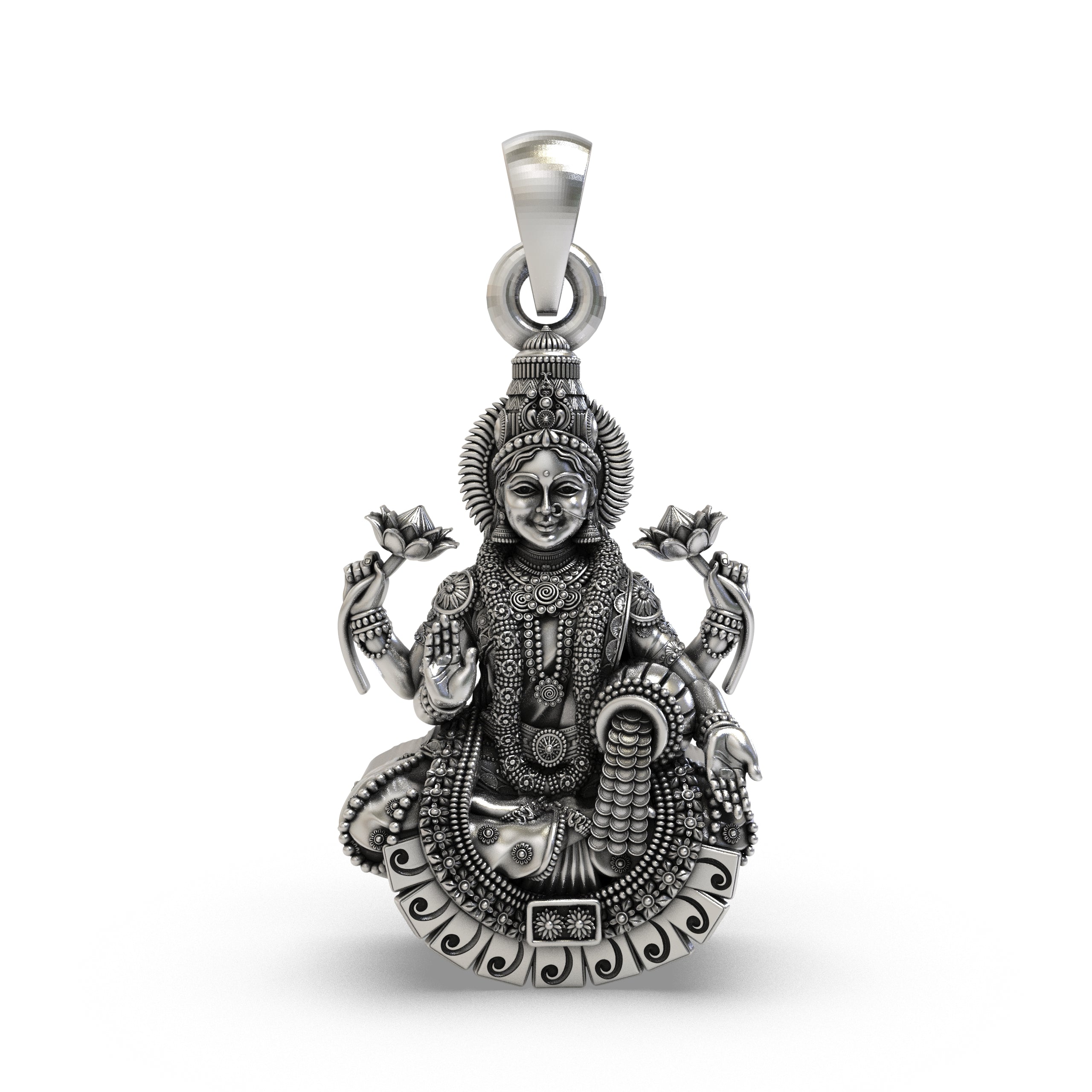 925 Silver Lakshmi Maa Pendant – Four-Armed Goddess on Lotus with Coin Garland & Blessing Hand, Antique-Oxidized Handcrafted Temple Jewelry