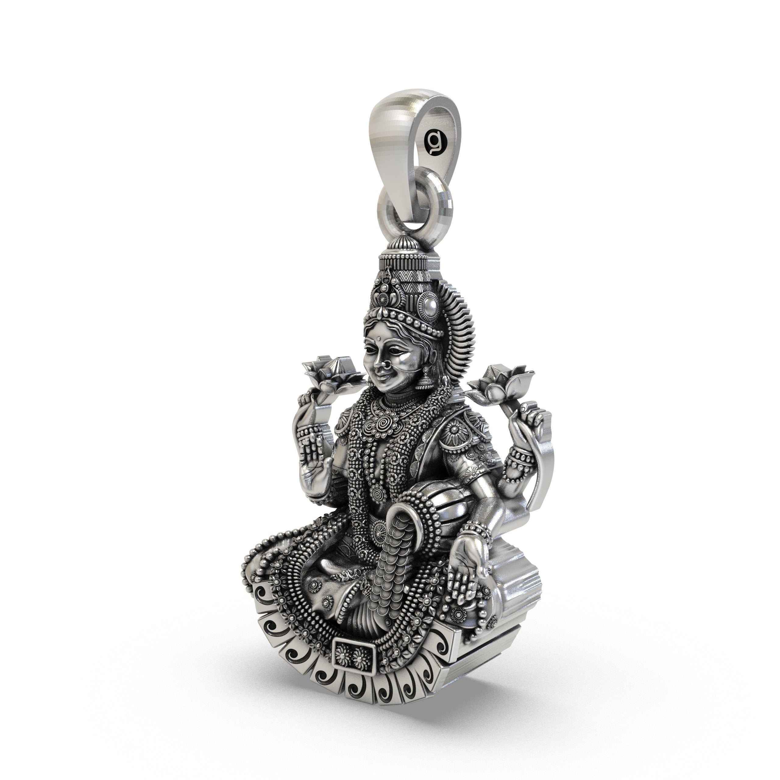 925 Silver Lakshmi Maa Pendant – Four-Armed Goddess on Lotus with Coin Garland & Blessing Hand, Antique-Oxidized Handcrafted Temple Jewelry