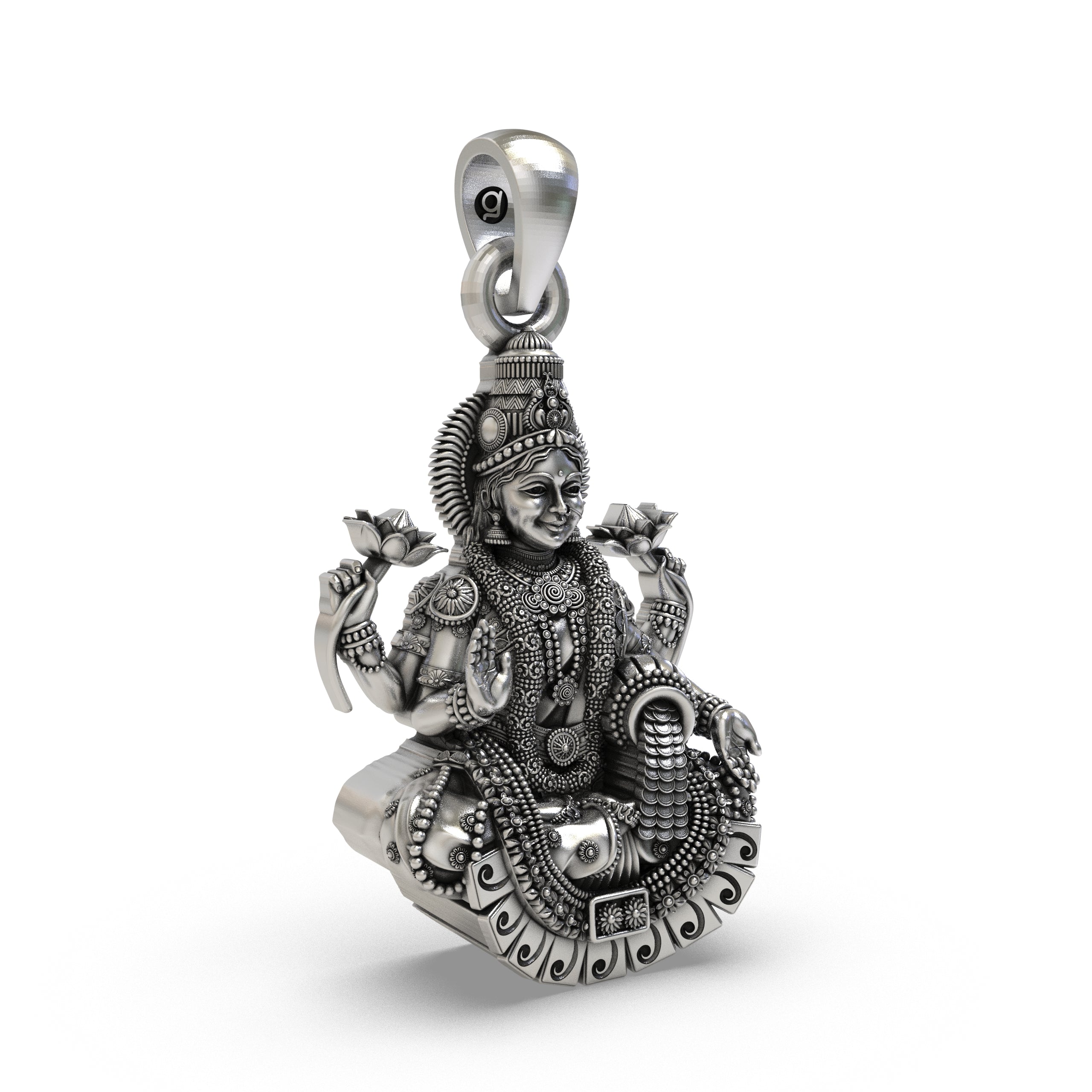 925 Silver Lakshmi Maa Pendant – Four-Armed Goddess on Lotus with Coin Garland & Blessing Hand, Antique-Oxidized Handcrafted Temple Jewelry