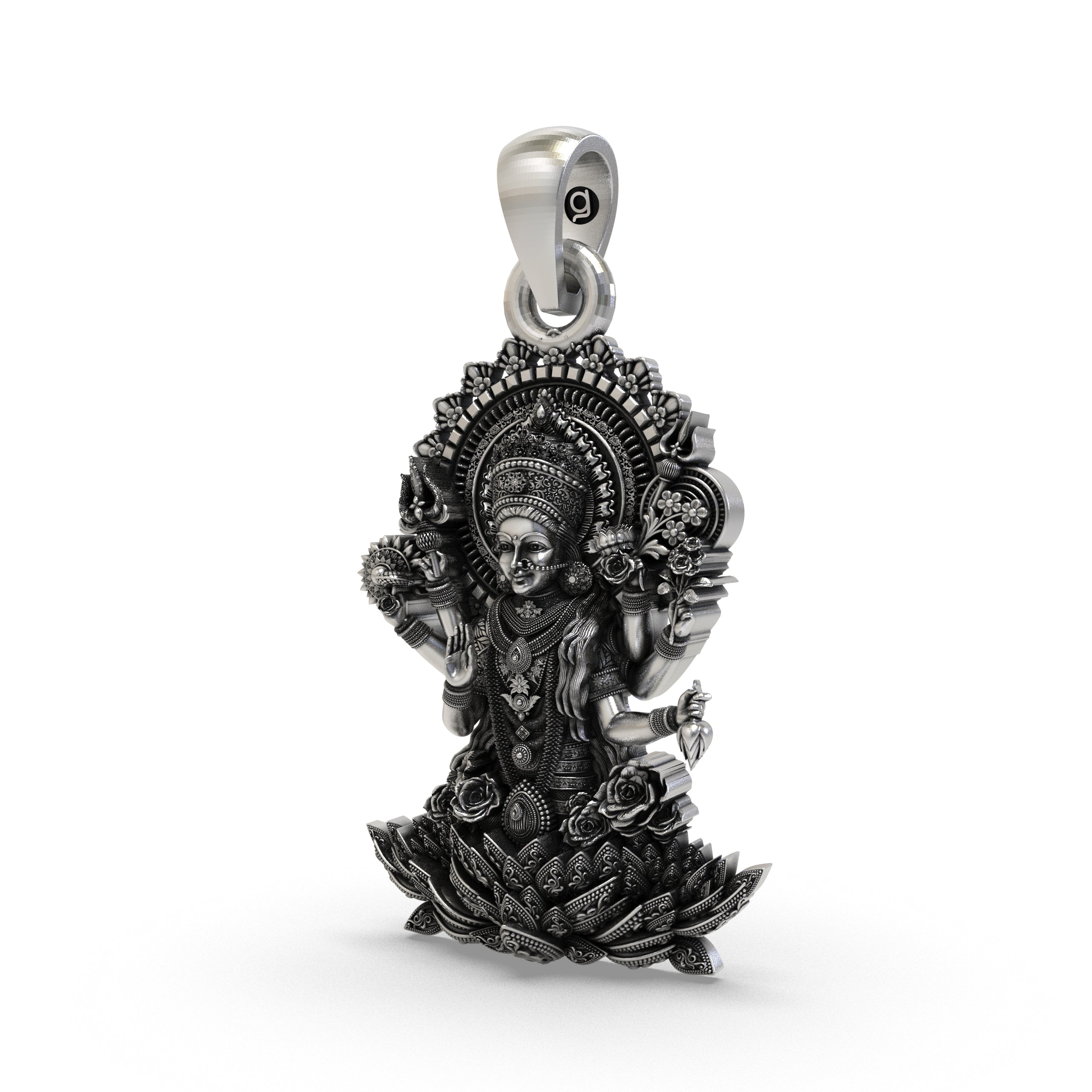 925 Silver Lakshmi Maa Pendant – Multi-Armed Goddess on Lotus with Floral Halo & Blessing Hand, Antique-Oxidized Handcrafted Temple Jewelry