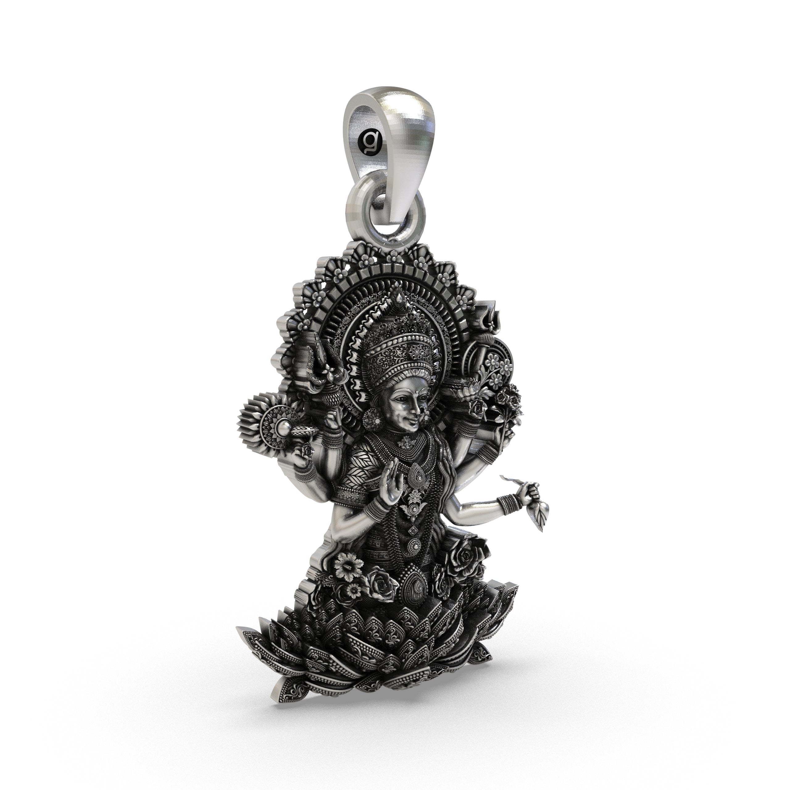 925 Silver Lakshmi Maa Pendant – Multi-Armed Goddess on Lotus with Floral Halo & Blessing Hand, Antique-Oxidized Handcrafted Temple Jewelry