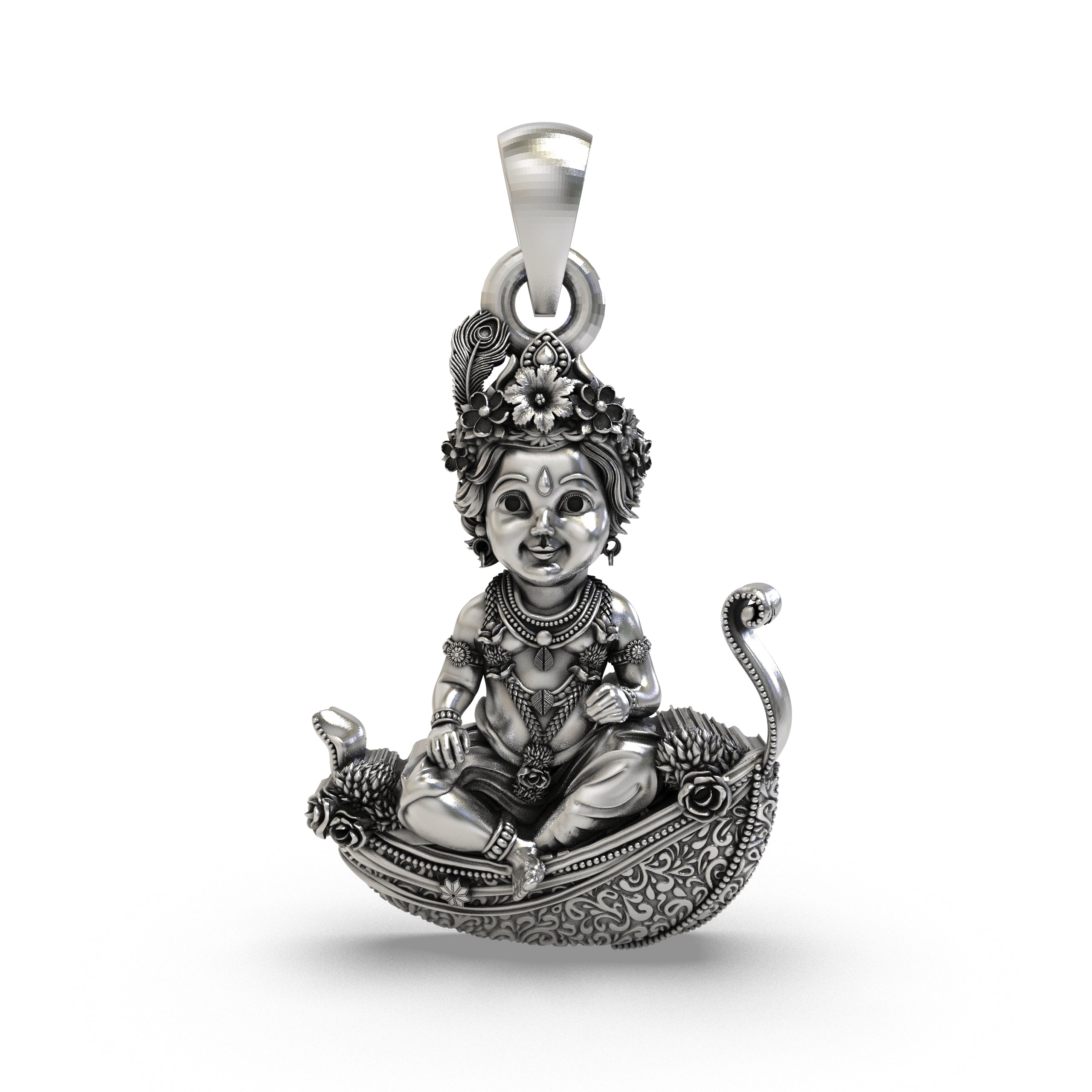 925 Silver Bal Krishna (Laddu Gopal) Pendant – Baby Krishna on Peepal Leaf with Peacock Feather Crown, Antique-Oxidized Handcrafted Devotional Jewelry