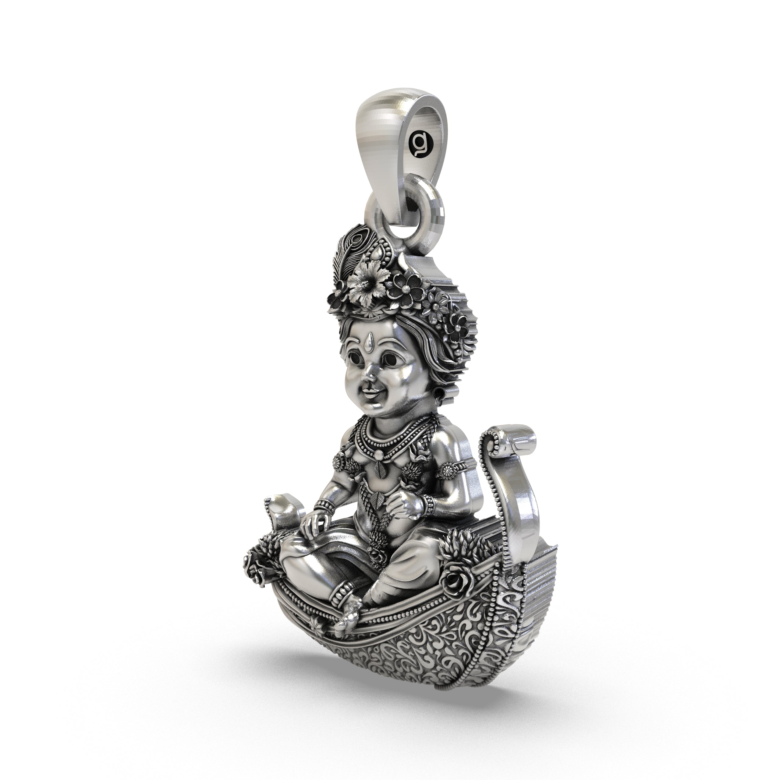 925 Silver Bal Krishna (Laddu Gopal) Pendant – Baby Krishna on Peepal Leaf with Peacock Feather Crown, Antique-Oxidized Handcrafted Devotional Jewelry