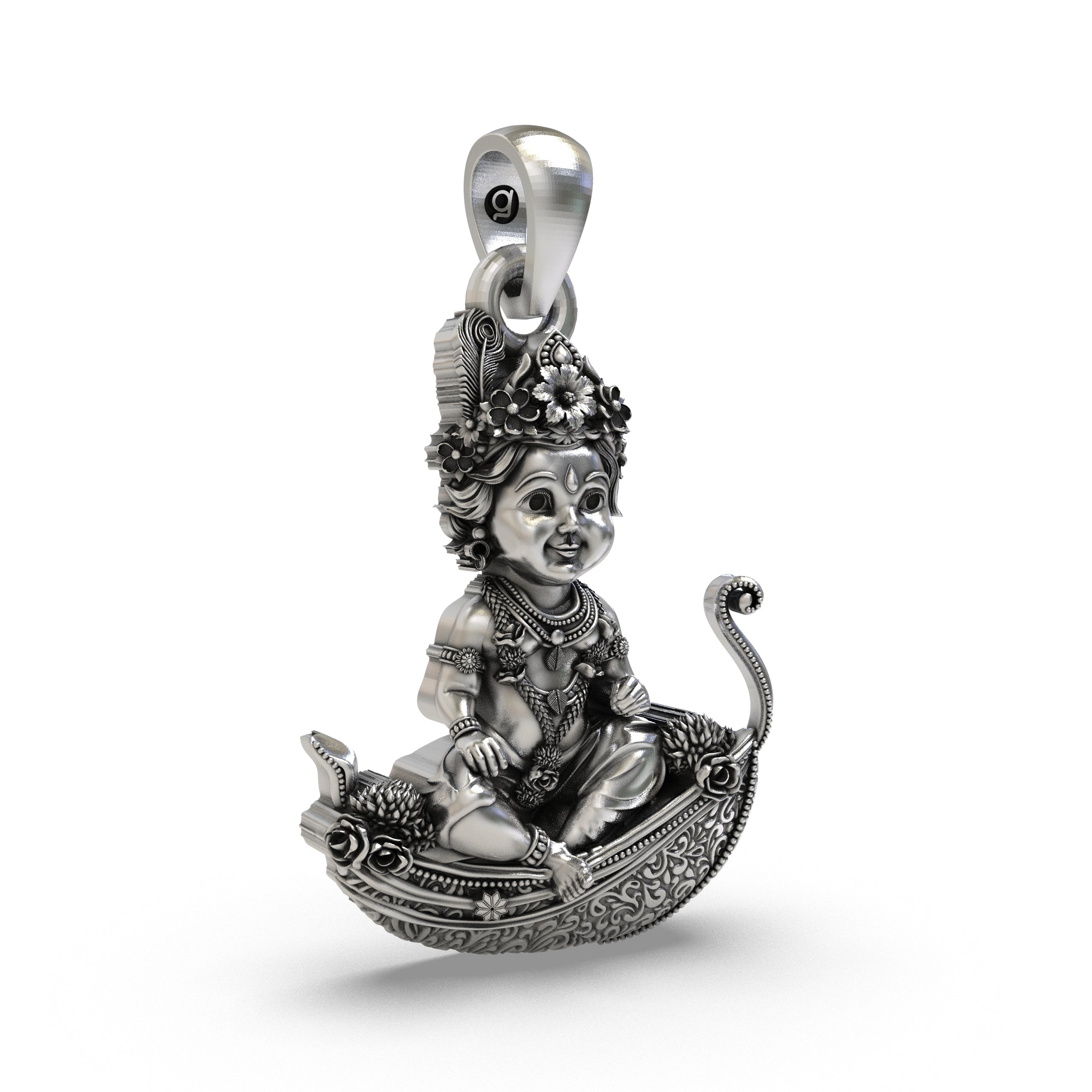 925 Silver Bal Krishna (Laddu Gopal) Pendant – Baby Krishna on Peepal Leaf with Peacock Feather Crown, Antique-Oxidized Handcrafted Devotional Jewelry