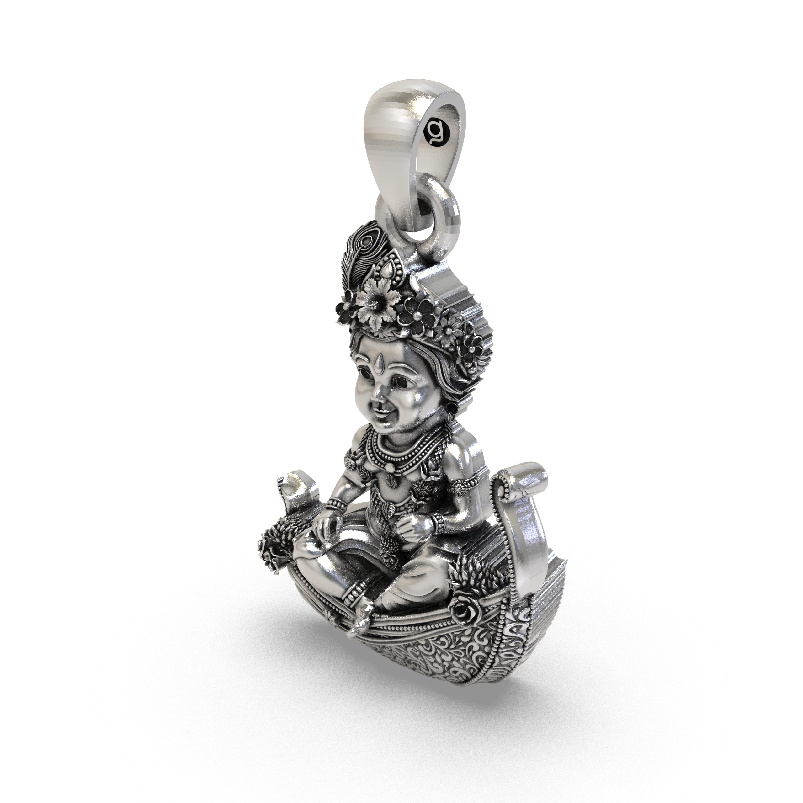 925 Silver Bal Krishna (Laddu Gopal) Pendant – Baby Krishna on Peepal Leaf with Peacock Feather Crown, Antique-Oxidized Handcrafted Devotional Jewelry