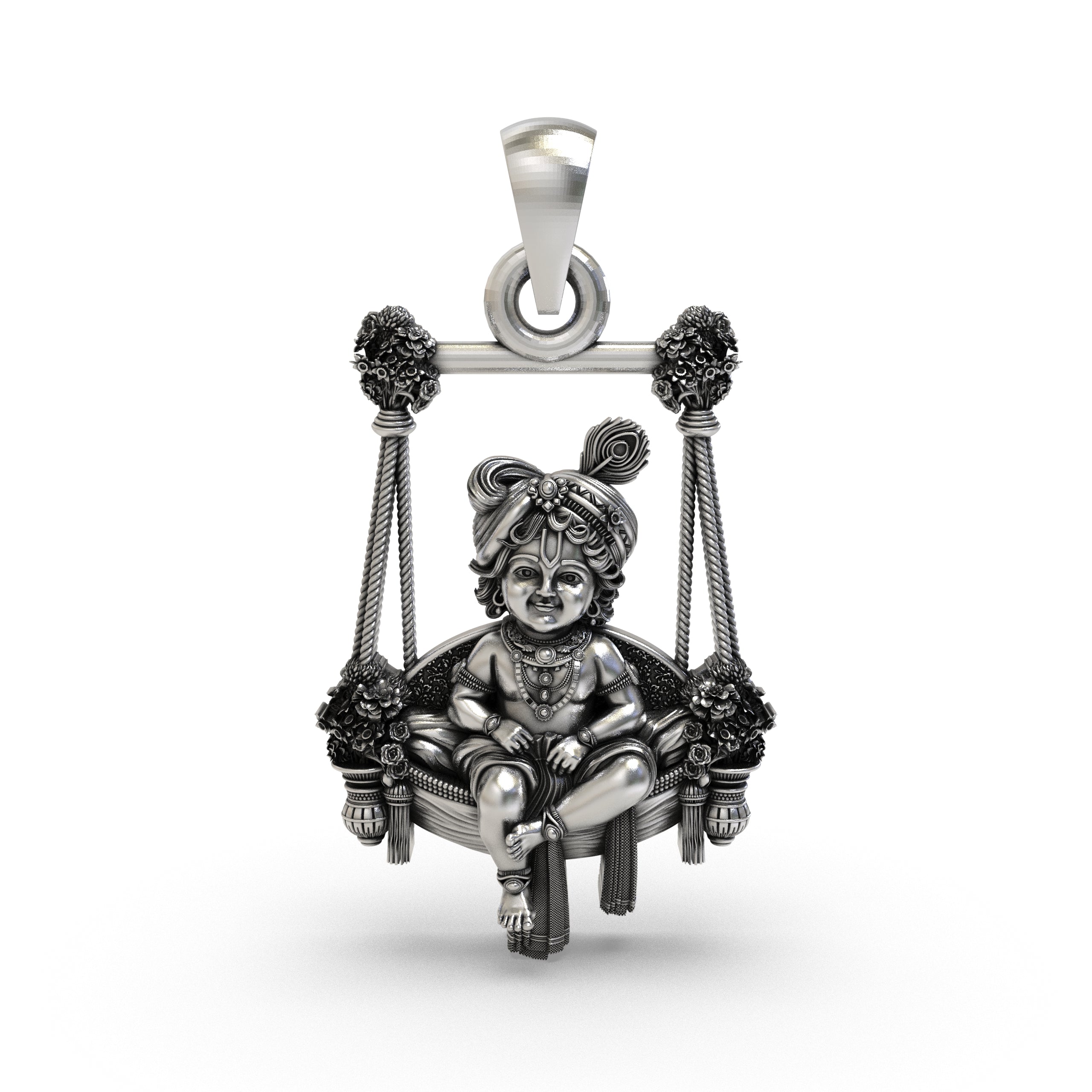 Sterling Silver Bal Gopal Swing Pendant – Baby Krishna on Jhula with Mor-Mukut, Handcrafted Antique Devotional Piece