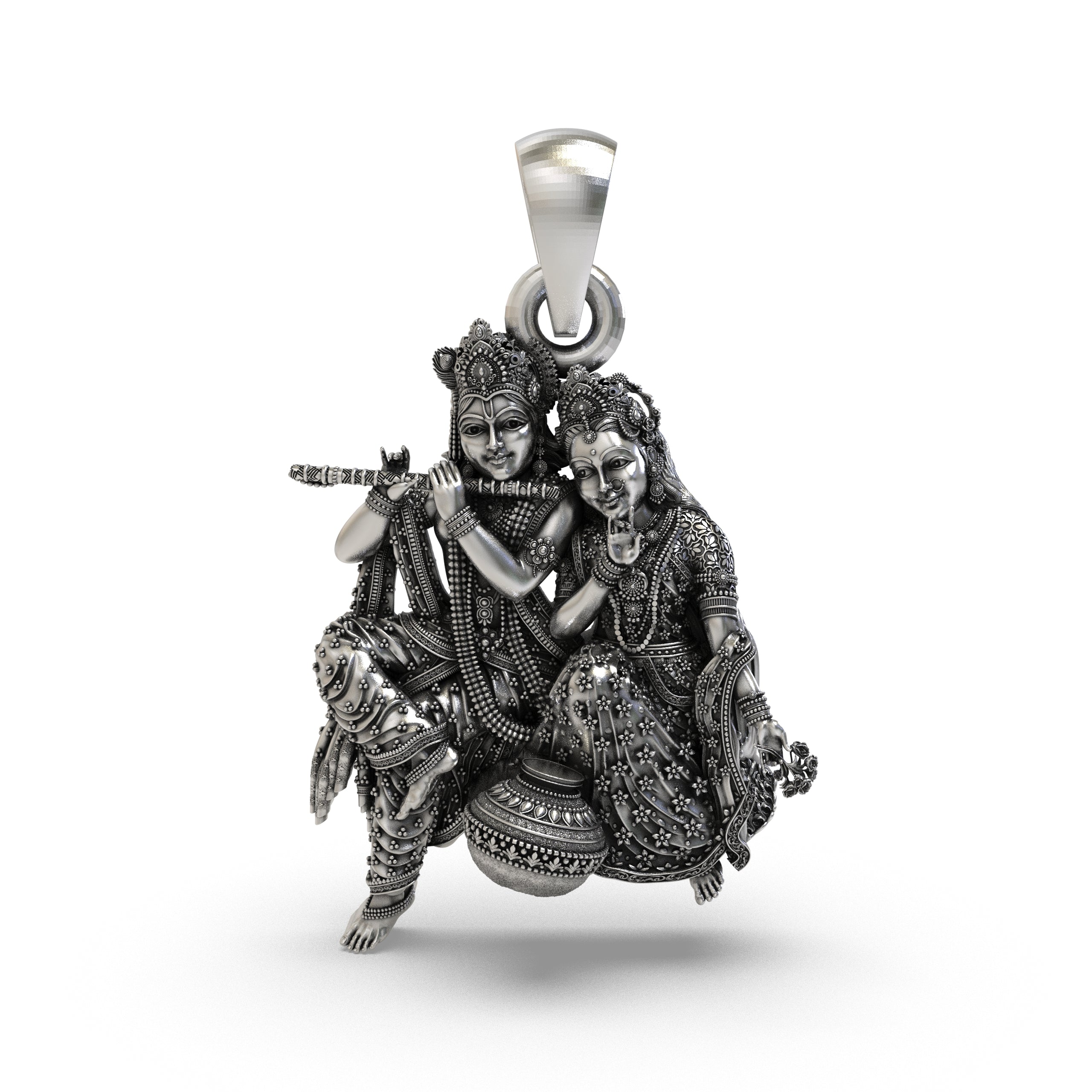 925 Sterling Silver Radha Krishna Matki Sitting Pendant – Flute-Playing Vrindavan Couple Idol Necklace, Handcrafted Devotional Hindu Jewelry Gift for Men & Women